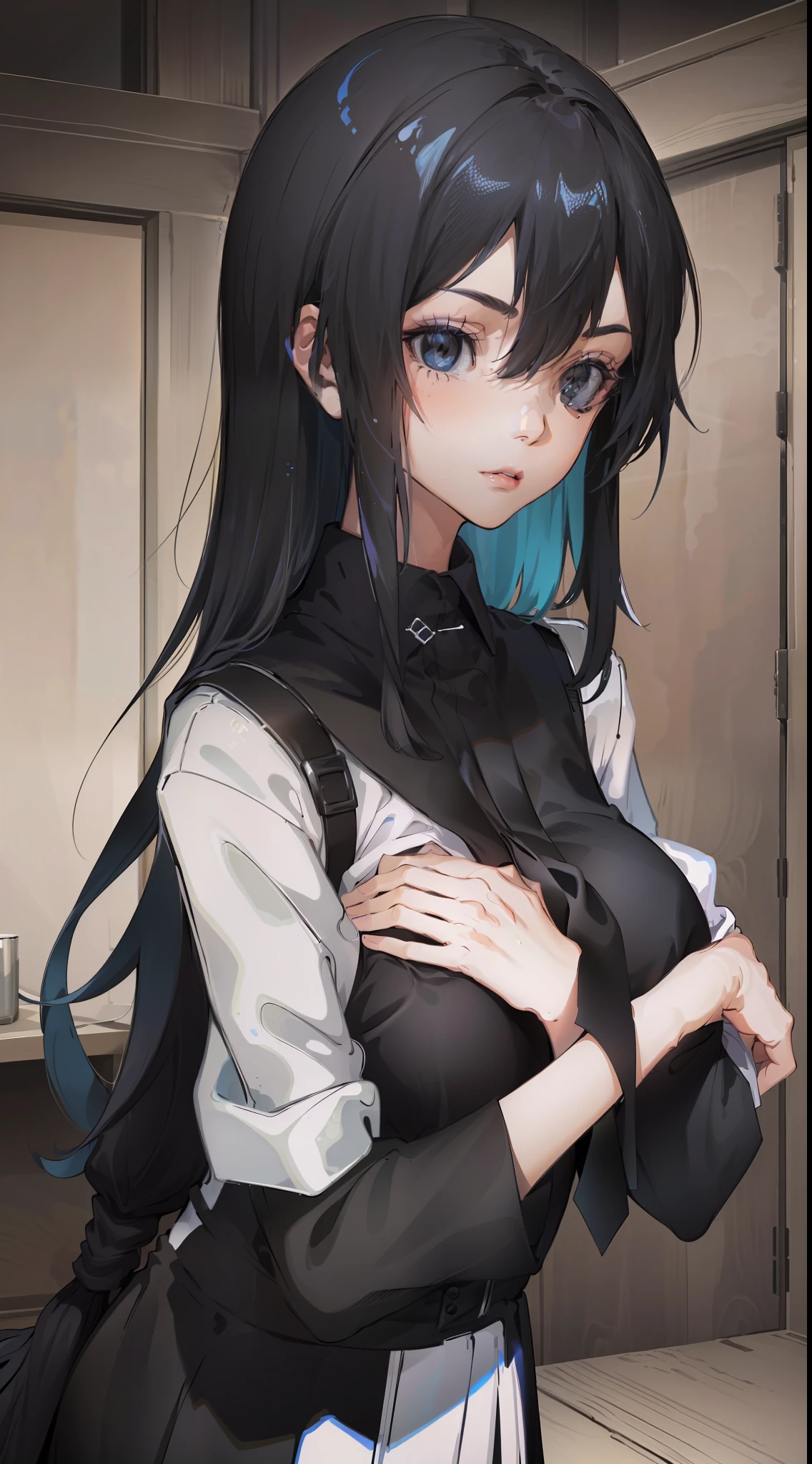 huge tit, Sexual turn, black eyes, one-girl, The color of the girl, largeeyes, black hair，Long hair，(tmasterpiece,best qualtiy：1.3），Wear your school uniform，Show your face，dual horsetail