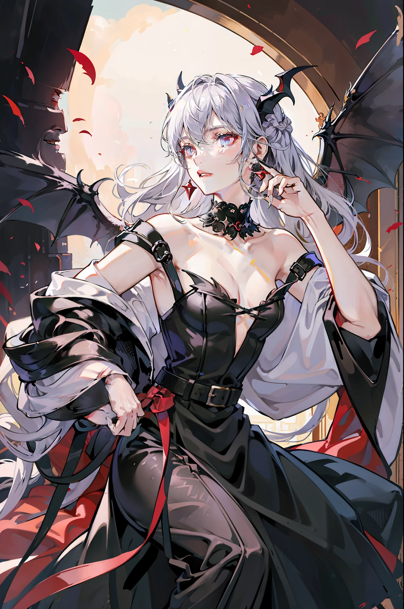 Male Devil Male Character Long Silver Hair Super Delicate Eyes Red Firm Pupils Tiger Teeth Sharp Horns Delicate Earrings Black Bat Wings Super Delicate Black Formal Dress European Dress One Hand on the Chest The Back of the Other Hand Bow Floating in the Air Void Background Devil Fruit, surrealism, High detail, hyper HD, retinas, Masterpiece, ccurate, High quality, A high resolution, Best quality, High details, Textured skin, Award-Awarded, Super detail, 16k, 1080p, HD