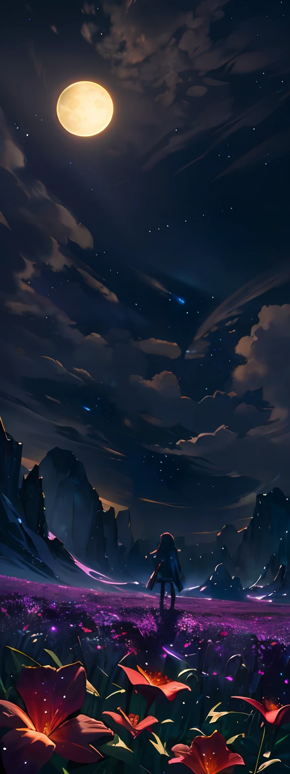 expansive landscape photograph , (a view from below that shows sky above and open field below), a girl standing on flower field looking up, (full moon:1.2), ( shooting stars:0.9), (nebula:1.3), distant mountain, tree BREAK
production art, (warm light source:1.2), (Firefly:1.2), lamp, lot of purple and orange, intricate details, volumetric lighting BREAK
(masterpiece:1.2), (best quality), 4k, ultra-detailed, (dynamic composition:1.4), highly detailed, colorful details,( iridescent colors:1.2), (glowing lighting, atmospheric lighting), dreamy, magical, (solo:1.2)
