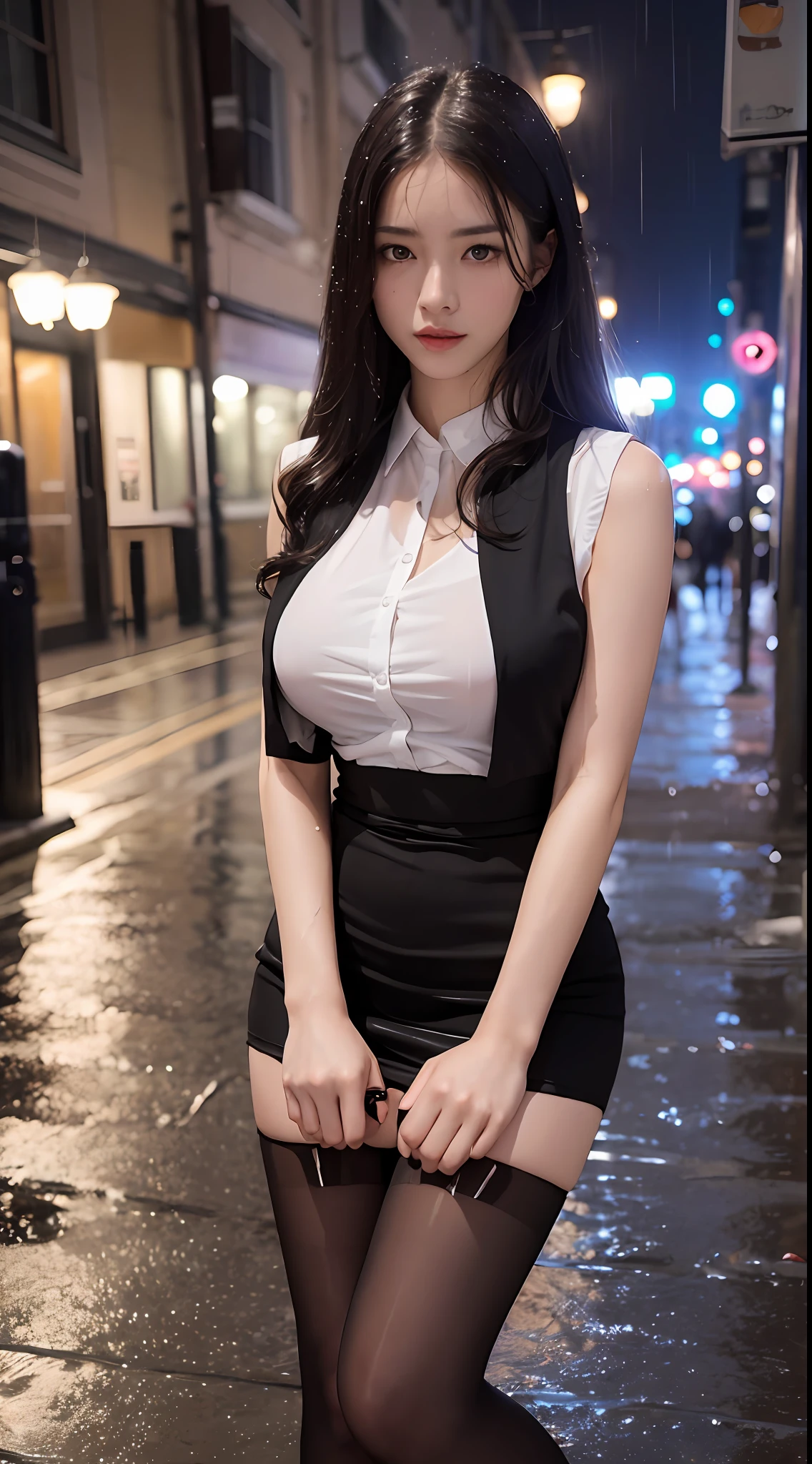 ((Realistic lighting, Best quality, 8K, Masterpiece: 1.3)), Clear focus: 1.2, 1girl, Perfect body beauty: 1.4, Slim abs: 1.1, (Big breasts), (White vest: 1.4), (Outdoor, night: 1.1), City streets, Super fine face, fine eyes, Double eyelids, (Over the knee black stockings: 1.5), (Wet in the rain, wet: 1.2)