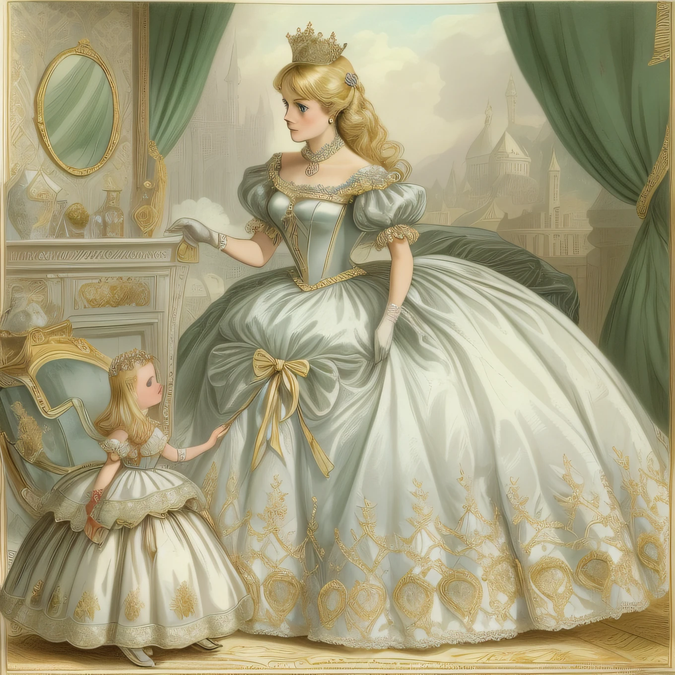 John Tenniel Art, A young blonde lady discovers that she's wearing a Stately and Elaborate Royal Cinderella Ballgown with (((enormous puffed sleeves))) an hourglass waist, and a (((huge crinoline hoopskirt))), adorned with (((ribbons))), (((bows))), diamond crosses, gold embroidery, and jewels, elaborately curled and styled hair, white gloves, tiara, Crown Jewels