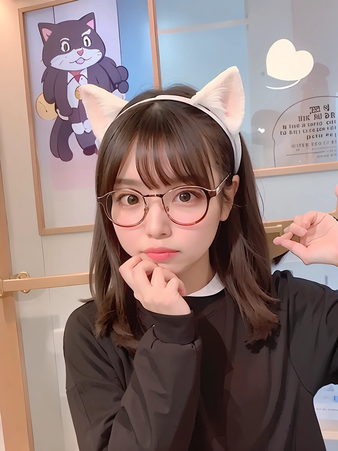 There was a woman holding a cat and a heart, Ruan cute vtuber, tiktok video, low quality video, She has a cute face, inspirado por Kim Jeong-hui, With glasses, with round face, small heart - shaped face, young and cute girl, instagram filters, with instagram filters, low quality footage