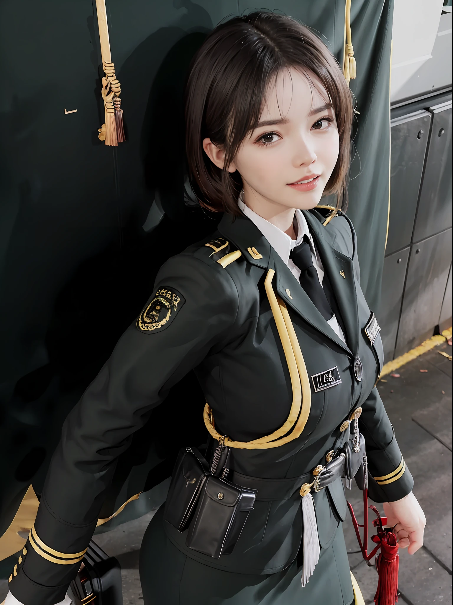 Very detailed CG unity 8K wallpaper，（tmasterpiece），（best qualtiy），（ultra - detailed），（Ultra photo realsisim），（best character detail：1.36），Nikon D750 f / 1.4 55mm，profesional lighting， physically-based renderingt, 1girll, Female soldier，army suit，Dark green military uniform，Fabric texture military uniform，Pure white lining，Dark green tie，Black hair，the golden ratio,[:(com rosto detalhado:1.2):0.2]:,PureErosFace_V1, broad shoulder,(Bigchest:1.5),(big assa:1.5)，Soaked with sweat，red flags，In the square，Splendid scenery，bright sun，upper body photos，Place your hands on your chest，  Small flag，Flag of China，Night Street，lighting，Contre-Jour，Bright smile，White teeth，