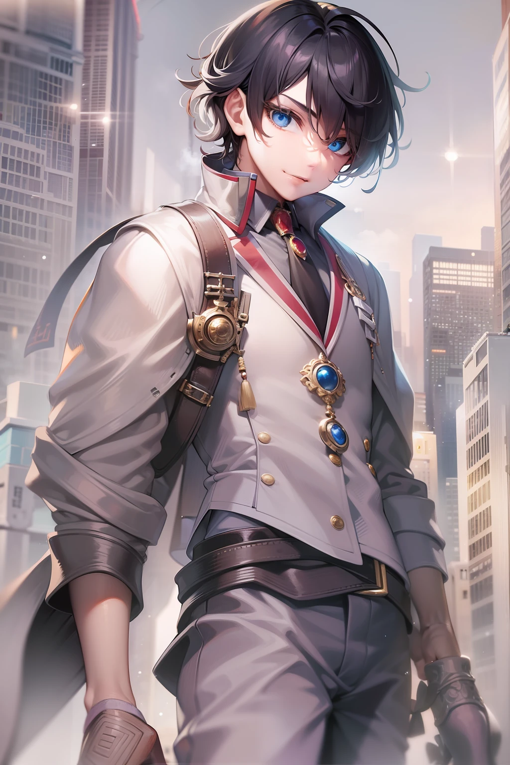 A cute boy，short detailed hair，Bow knot，Half men's and half women's clothing，Show your inner happiness with a smile。He is tall and powerful，The eyes are as sharp as a killer，At the same time, it reveals the mystery of psychosis。He stepped on his boots，The close-up of the picture shows the whole body。The background is a scene of the city，The neck is wrapped in white gauze。