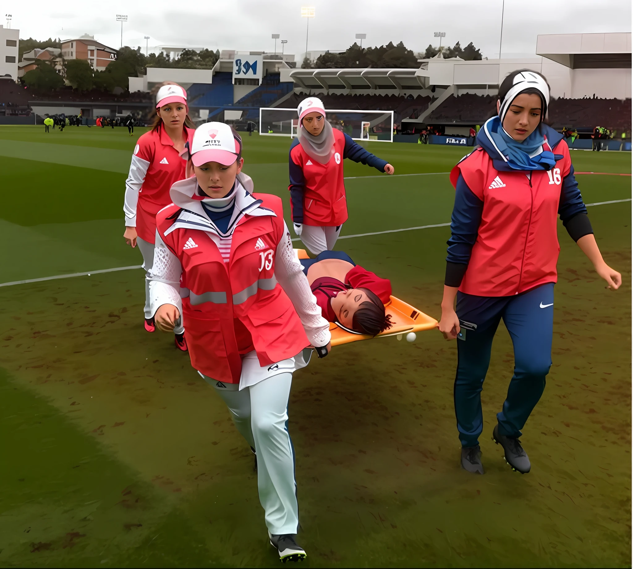 a soccer scene in a sports stadium, cool and wet weather conditions, humide ground, rainy sky, injury scene in a sports stadium, stretcher carry, there are four female medics carrying a stretcher, there are four female medics in very shiny coats who are carrying a stretcher in a sports stadium, there is a wounded male soccer player in a matte short cotton sports outfit lying on the stretcher, an injured male soccer player in matte cotton sportswear is lying in pain on a stretcher, a soccer player in matte cotton sports clothes is rearing up in intense pain while lying on a stretcher, dramatic scene, theatralic posing scene, dramatic pity scene, injury soccer, first aid, help, pity, there are four female medics in wetlook high-shine coats who are looking very sad and very terrified and very shocked, the injured soccer player is screaming out in pain while he is carried from the pitch on a stretcher