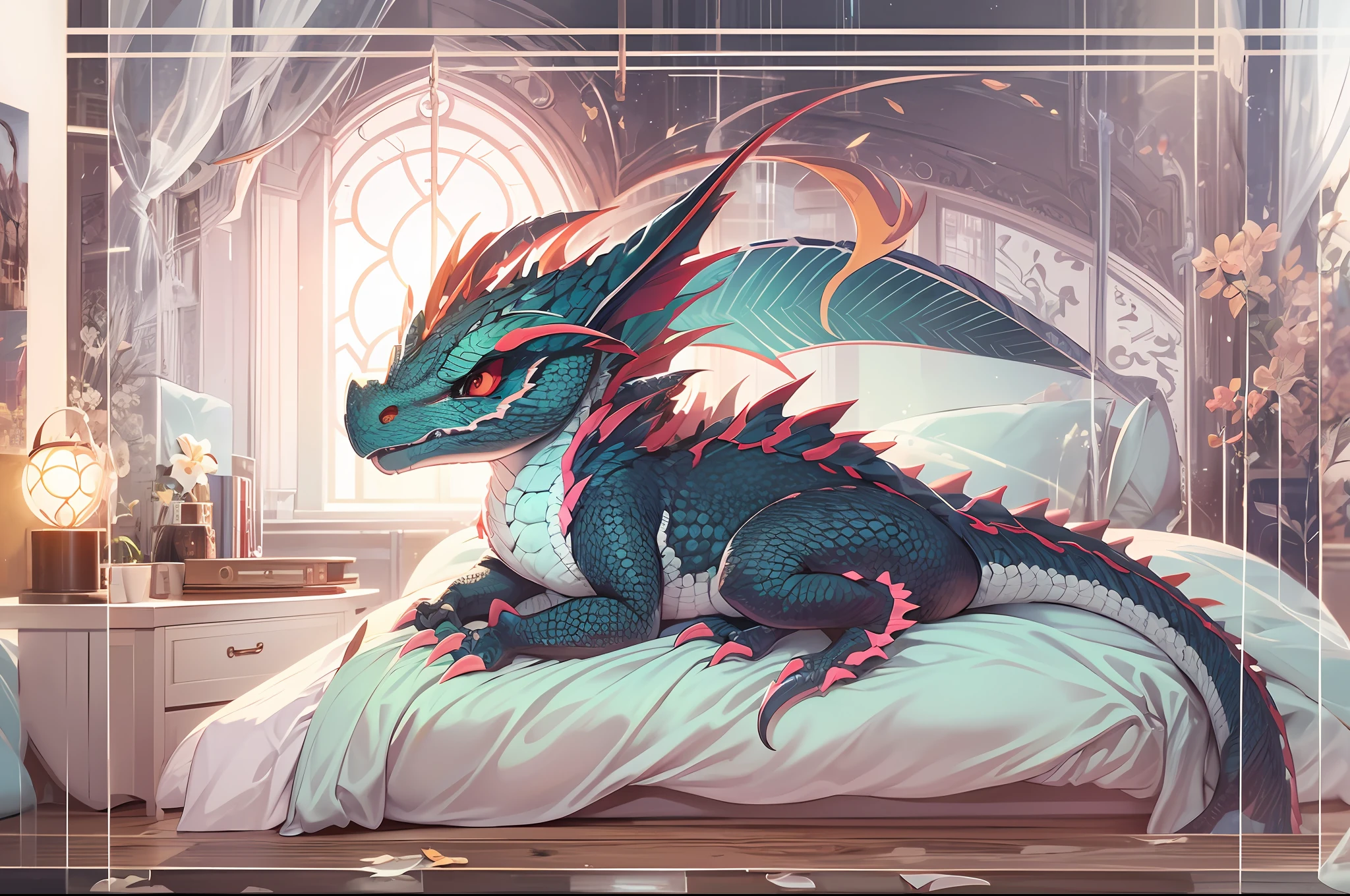 ((cute)), Q type, a lovely pet dragon, sleep beside the pillow on the bed, closed ist eyes, with sliver scales, with two small wings, moon light is stright on its scales, wide shot, blurry, god rays, ray tracing, reflection light, masterpiece, high quality, high details, best quality, ccurate, anatomically correct, textured skin, UHD, 1080P