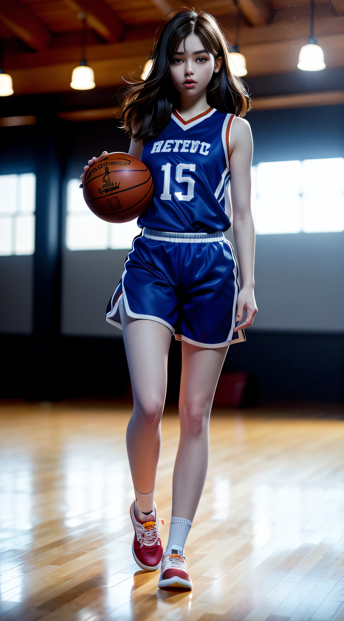 (8k, Best Quality, Masterpiece: 1.2), (Realistic, Realistic: 1.37), Ultra Detailed, Best Quality, Ultra High Resolution, Professional Lighting, Photon Mapping, Radiosity, Physically Based Rendering, Cinematic Lighting, Basketball court, depth of field, clear focus, sunlight, good composition, (bokeh: 1.2) 1girl, solo, (full body), (closed mouth), beautiful and detailed eyes, pose, narrow waist, basketball uniform, black hair , messy hair, long hair blowing in the wind, (ulzzang-6500:1.2) mix4, hiqcgbody