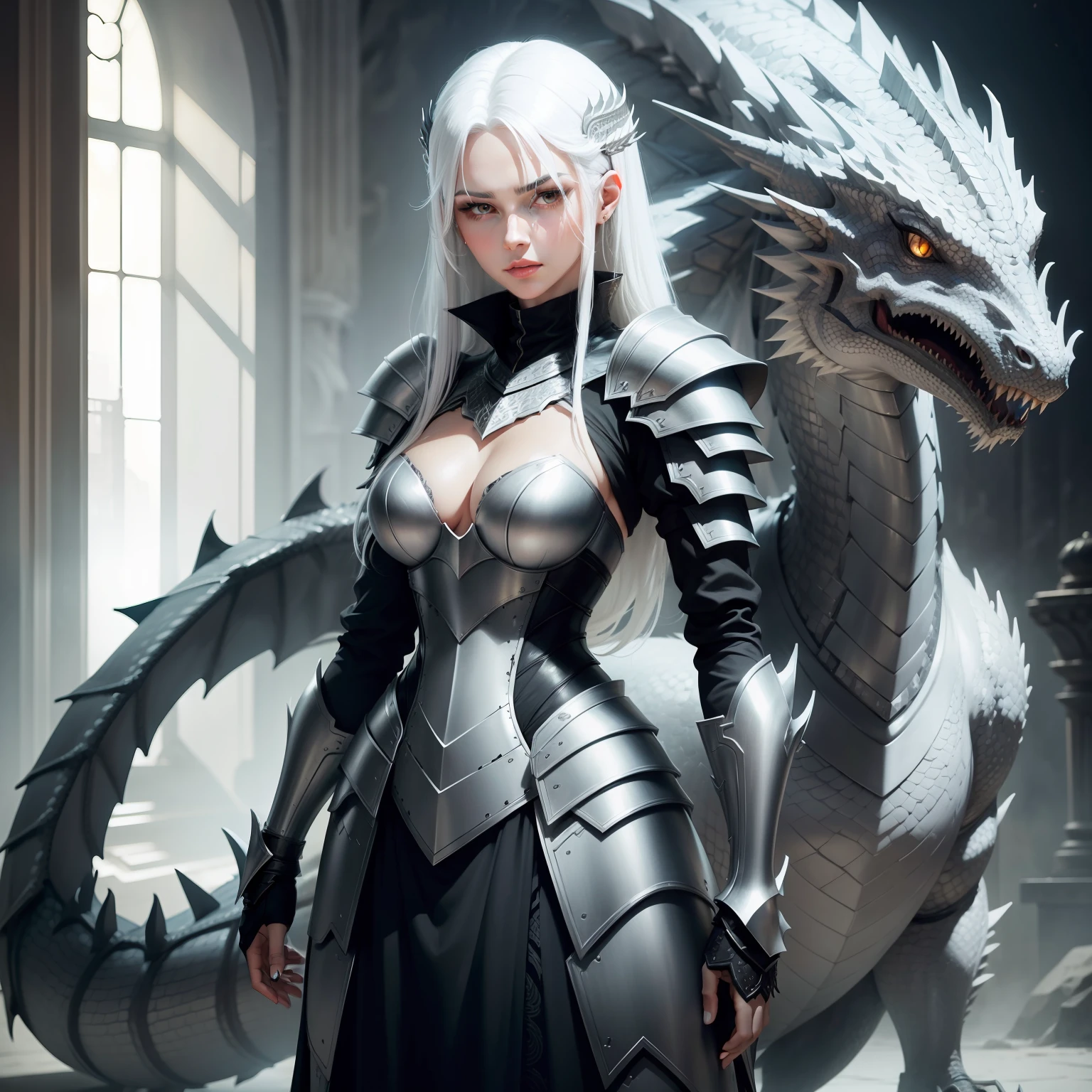 Tall beautiful girl with white hair and gray eyes, dressed in black scaly armor, Standing next to a silver dragon