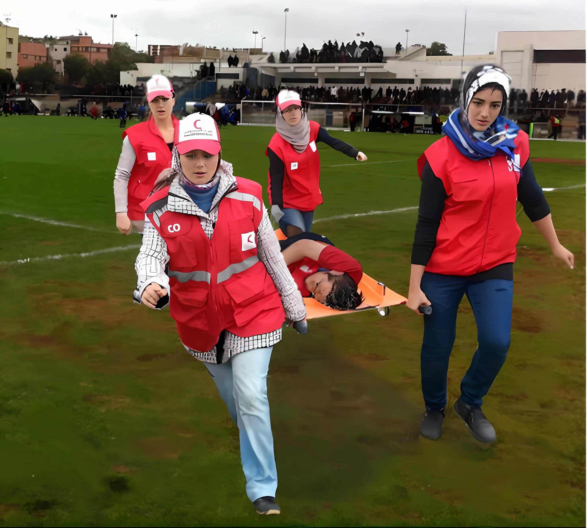 a soccer scene in a sports stadium, cool and wet weather conditions, humide ground, rainy sky, injury scene in a sports stadium, stretcher carry, there are four female medics carrying a stretcher, there are four female medics in very shiny coats who are carrying a stretcher in a sports stadium, there is a wounded male soccer player in a matte short cotton sports outfit lying on the stretcher, an injured male soccer player in matte cotton sportswear is lying in pain on a stretcher, a soccer player in matte cotton sports clothes is rearing up in intense pain while lying on a stretcher, dramatic scene, theatralic posing scene, dramatic pity scene, injury soccer, first aid, help, pity, there are four female medics in wetlook high-shine coats who are looking very sad and very terrified and very shocked, the injured soccer player is screaming out in pain while he is carried from the pitch on a stretcher