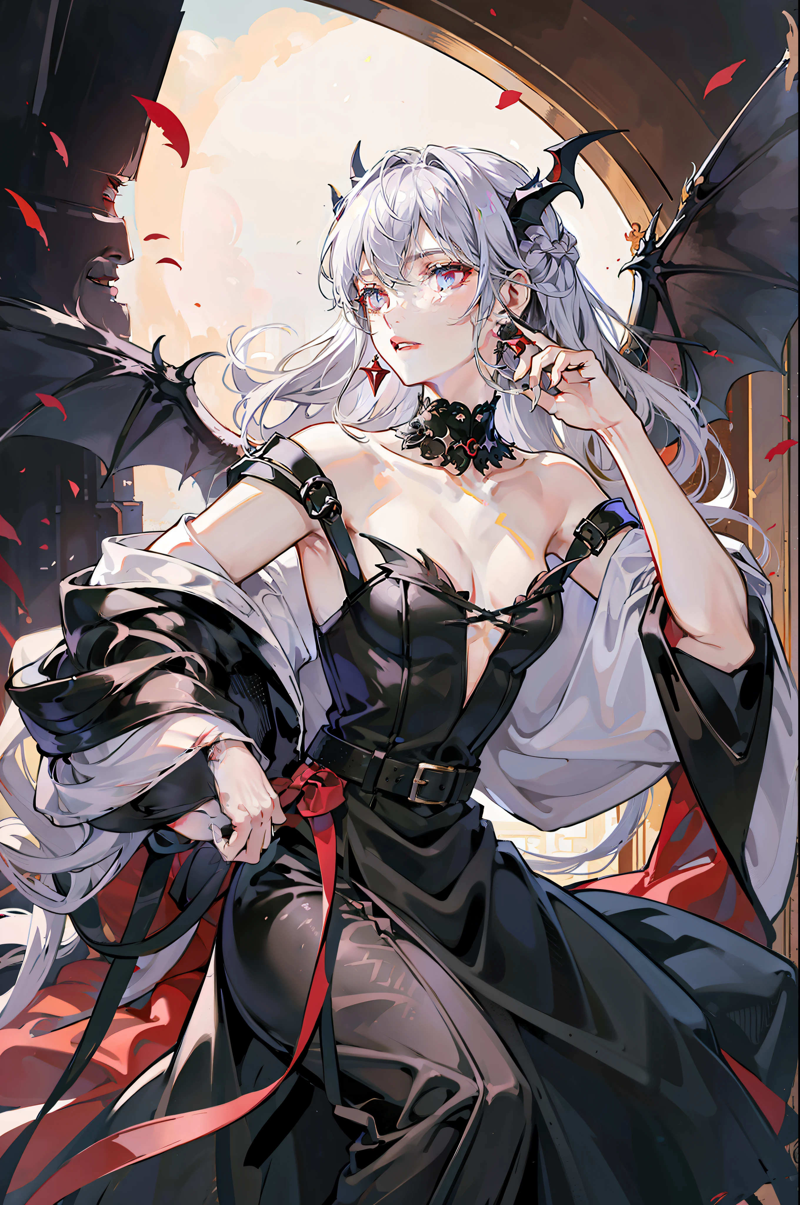 Male Devil Male Character Long Silver Hair Super Delicate Eyes Red Firm Pupils Tiger Teeth Sharp Horns Delicate Earrings Black Bat Wings Super Delicate Black Formal Dress European Dress One Hand on the Chest The Back of the Other Hand Bow Floating in the Air Void Background Devil Fruit, surrealism, High detail, hyper HD, retinas, Masterpiece, ccurate, High quality, A high resolution, Best quality, High details, Textured skin, Award-Awarded, Super detail, 16k, 1080p, HD
