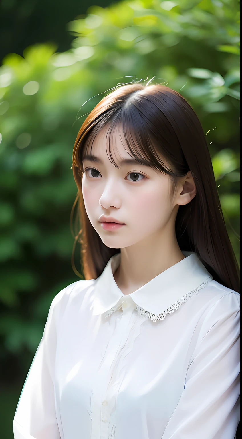 女の子1人, (Full body), Unknown , detailed clothes, (delicate illustration:1.4),(masutepiece:1.0), (Best Quality:1.4), (超A high resolution:1.2), (Photorealistic:1.4), (8K, Raw photo:1.2), (Soft Focus:1.4), (18year old:1.3), (Sharp Focus:1.4), (Renaissance art:1.4), Detailed beautiful face, Super detailed face, Detailed lips, detailedeyes, 二重まぶた, (Blouse with white collar), sitting on