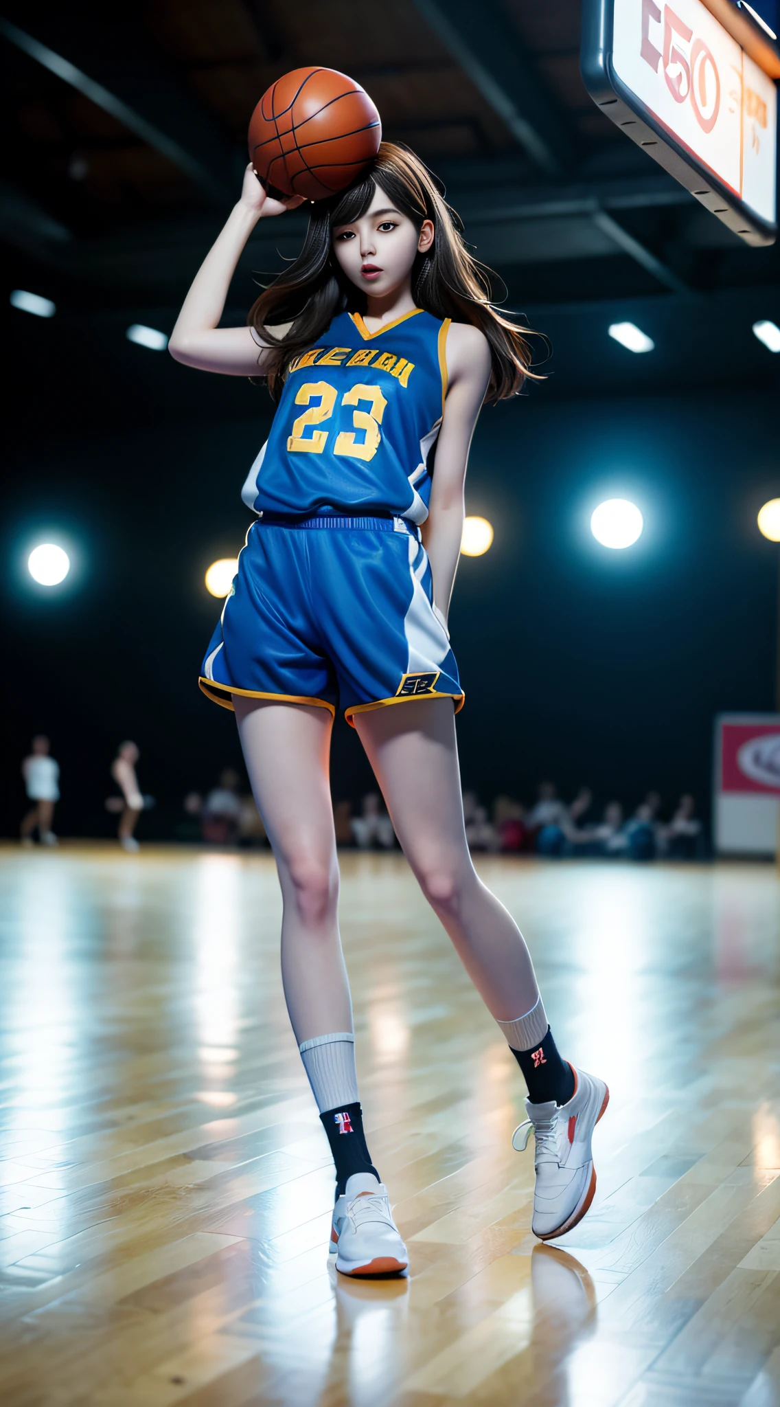 (8k, Best Quality, Masterpiece: 1.2), (Realistic, Realistic: 1.37), Ultra Detailed, Best Quality, Ultra High Resolution, Professional Lighting, Photon Mapping, Radiosity, Physically Based Rendering, Cinematic Lighting, Basketball court, depth of field, clear focus, sunlight, good composition, (bokeh: 1.2) 1girl, solo, (full body), (closed mouth), beautiful and detailed eyes, pose, narrow waist, basketball uniform, black hair , messy hair, long hair blowing in the wind, (ulzzang-6500:1.2) mix4, hiqcgbody