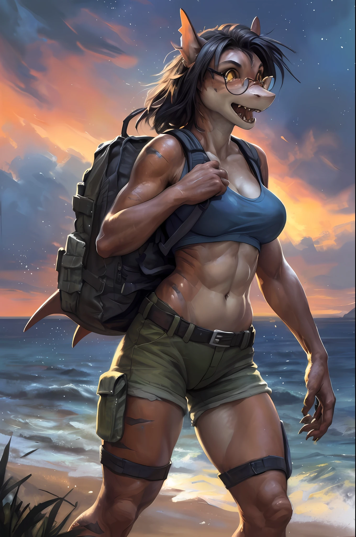 solo, (beautiful female:1.4), (nice shark girl),  ( fit, abs), busty, big erect breasts, erect nippleslips,  slim waist,  (black hair),  ( female shark | Lara Croft ), (((female))),  orange body scales, white belly,  (kemono:1.5), features of Angelina Jolie,
( khaki shorts ), lightblue crop top, ( two pistols-gans on hips ), wide belt, long braid, ( (red) round glasses :1.2), (red glasses), ( small backpack on her back:1.2), army boots,  e621, (female body),  slim sports body, 
 shark tail, cameltoe,  (body portrait), [slim swimsuit],             angry shows sharp fangs open mouth, 
(detailed eyes, detailed pupils, yellow eyes, glowing eyes),
(outdoors),   ocean beach , candle, night, (particles ,firefly, blue glowing), seeker of adventures,
detailed background, photorealistic, realistic hands, 8k HD,
(dark shadows, wide dynamic range, hdr, low light:1.2),
by (by Pino Daeni, (by ruaidri), (by virtyalfobo), (by Kenket). by iskra, by darkgem,