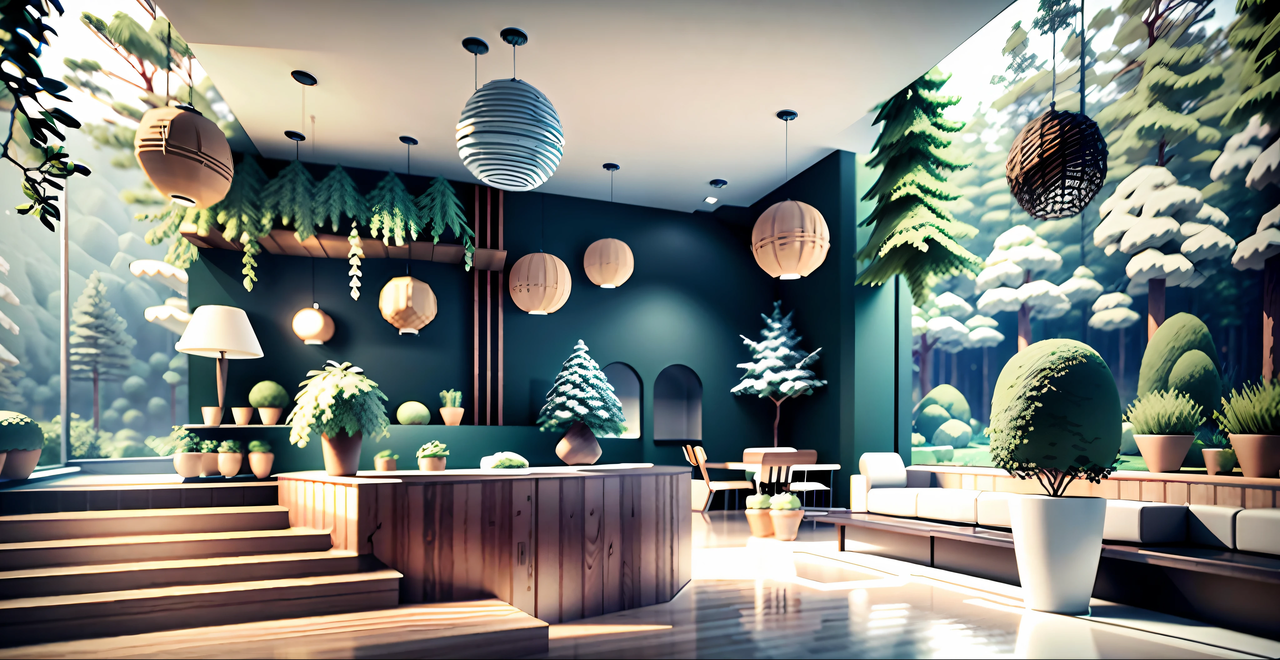 Interior renderings of playground outlet store,Forest elements、Decorative elements of the waves,Planet aperture, ambient occlusion render, ambient occlusion render, conceptual drawing, Complex detailed environment, raytraced 3d set design, detailed and complex environment, backside of scenography elements, strong ambient occlusion, Environmental occlusion, ambient oclusion, Environmental occlusion:3