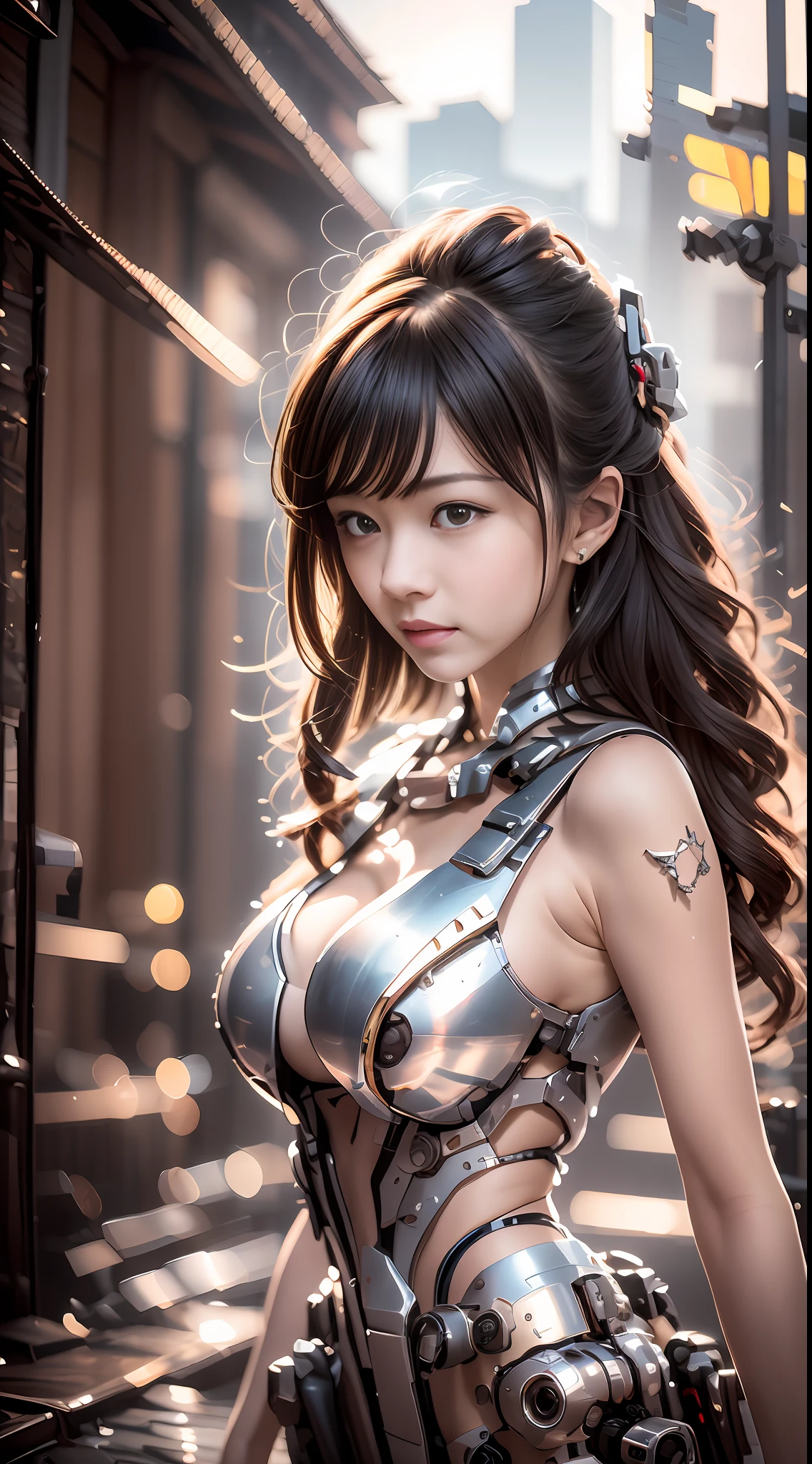 high high quality，8K分辨率，real photograph，A mech girl with long hair，brown  hair，（Large breasts：1.1），ChineseGirl，tight-fitting，nabel，Shitu-mecha behind the girl，Magnificent，Chinese house，War-damaged ruins，Photo by Brandon Wolfermüster，Surreal dreams，dyna，LUT，HDRM professional lighting，photon maping，Radio City，physically-based renderingt，Refined realism，Aray's dynamic and expressive animations，（Sunnyday：1.2），（Afternoon on the street：1.1）。