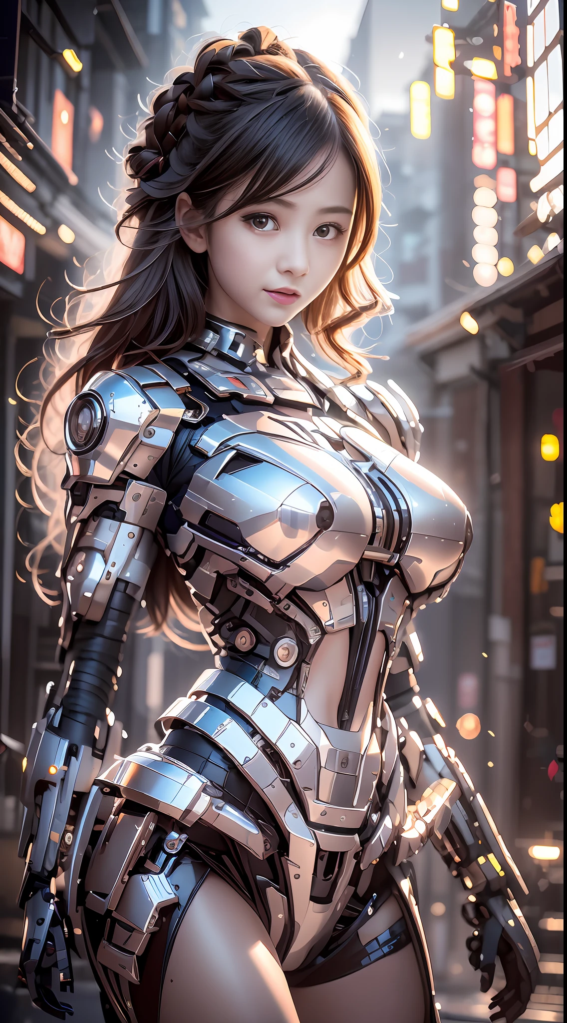 high high quality，8K分辨率，real photograph，A mech girl with long hair，brown  hair，（Large breasts：1.1），ChineseGirl，tight-fitting，nabel，Shitu-mecha behind the girl，Magnificent，Chinese house，War-damaged ruins，Photo by Brandon Wolfermüster，Surreal dreams，dyna，LUT，HDRM professional lighting，photon maping，Radio City，physically-based renderingt，Refined realism，Aray's dynamic and expressive animations，（Sunnyday：1.2），（Afternoon on the street：1.1）。