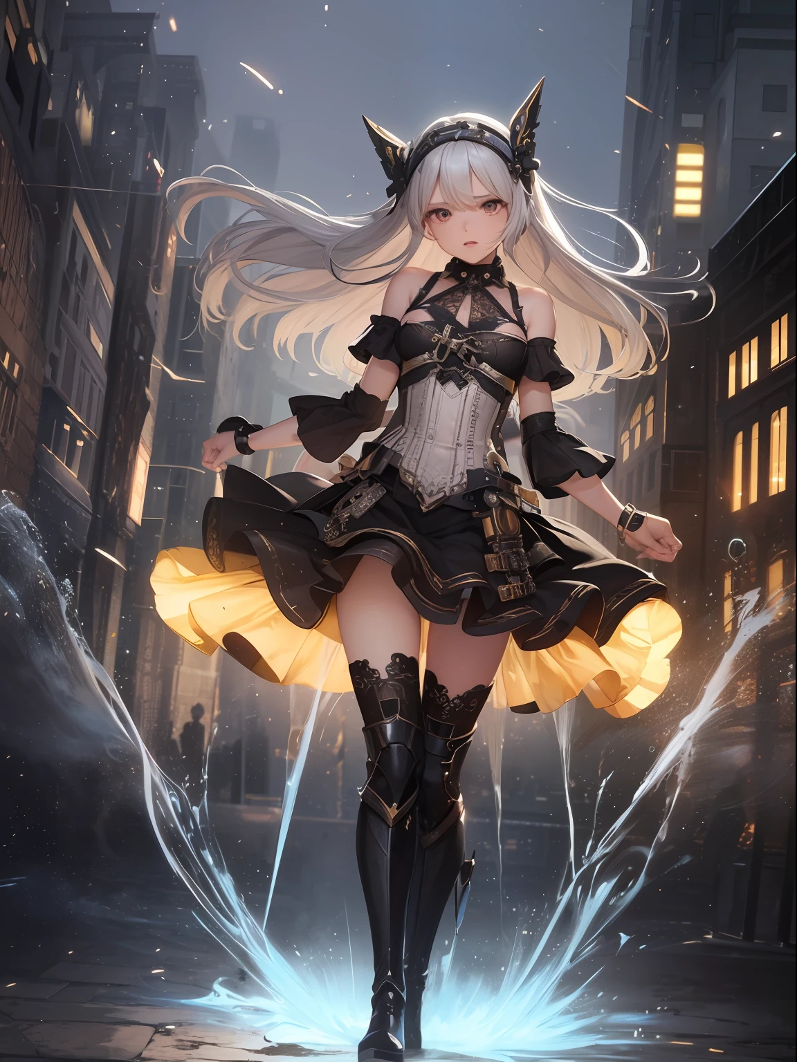 (Super best quality)), (Very masterpiece)), (Super detail:1.4), Super photorealistic 3D, Android Mage Girl, Mechanical body, Dynamic action poses in battle scenes, Mechanical weapons of very complex and heavy fighters, Off-the-shoulder fashion fused with detailed and intricate steampunk and detailed Gothic ta, Complex steampunk headgear, Very slender long legs, mechanical boots above the knee, fluttering lace flared mini skirt, upturned and beautiful small breasts, rather long vertical curly silver hair driven by the wind, countless shining large spheres flying around, many sparks crossing and splashing, countless neon lights raining down from magic-invoking poses, very dark steampunk factory background, very dramatic and cinematic lighting.
