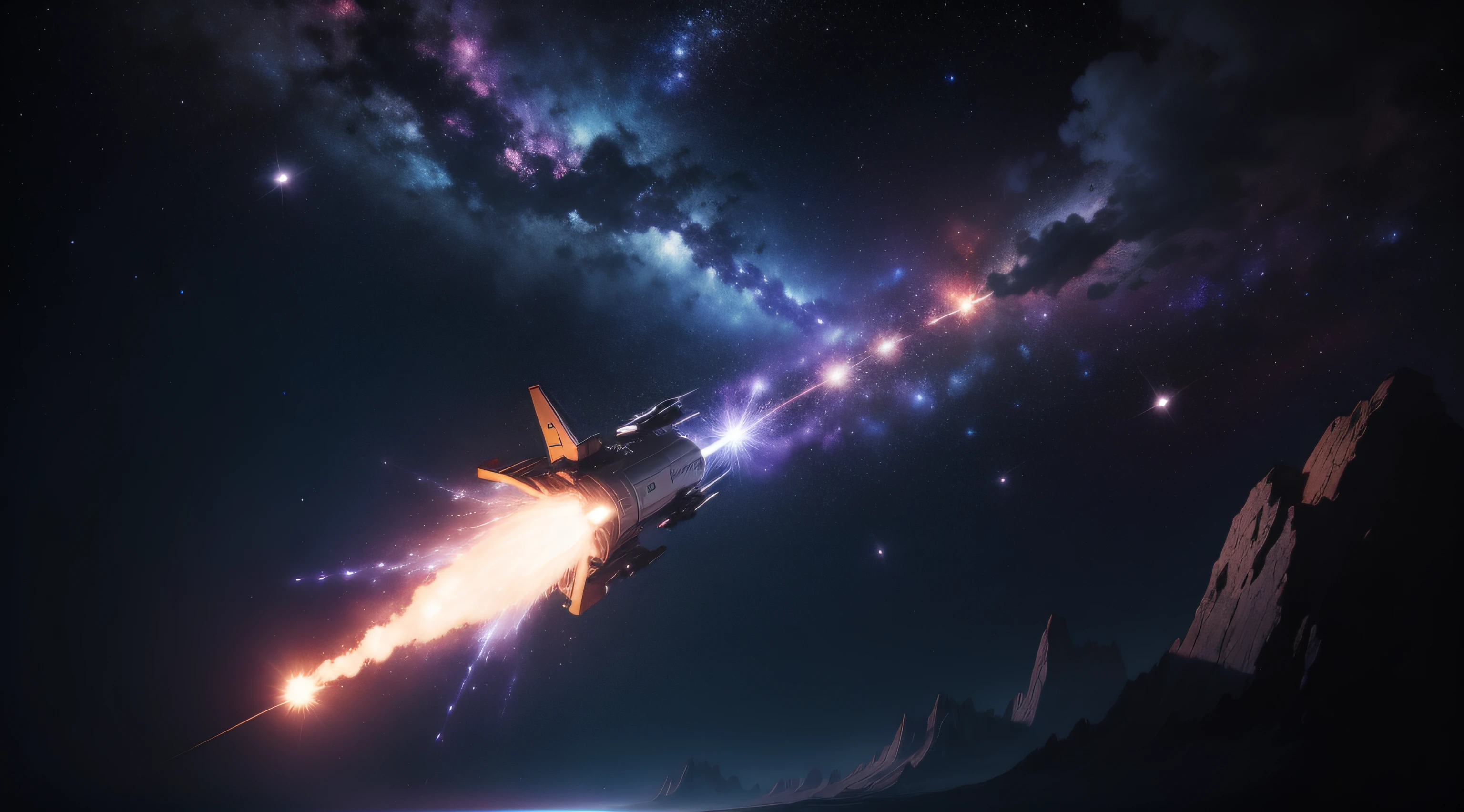 Rocket launching in deep dark space, galaxy