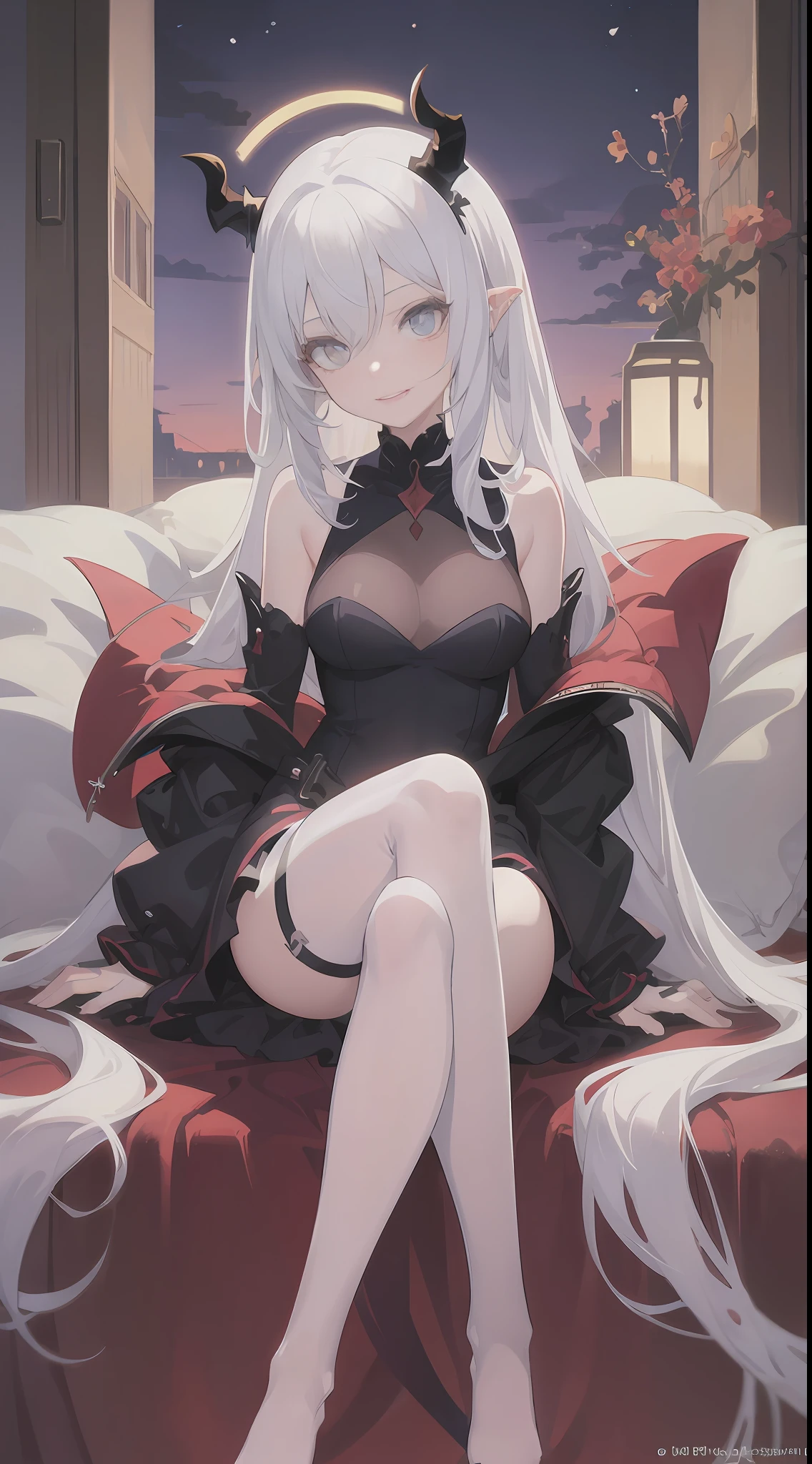 anime girl with white hair and horns sitting on a bed, demon anime girl, white haired deity, seductive anime girls, nightcore, Cute anime wife in beautiful clothes, anime goddess, ahegao, top rated on pixiv, white cat girl, Beautiful anime girl, white horns queen demon, anime monster girl, anime visual of a cute girl