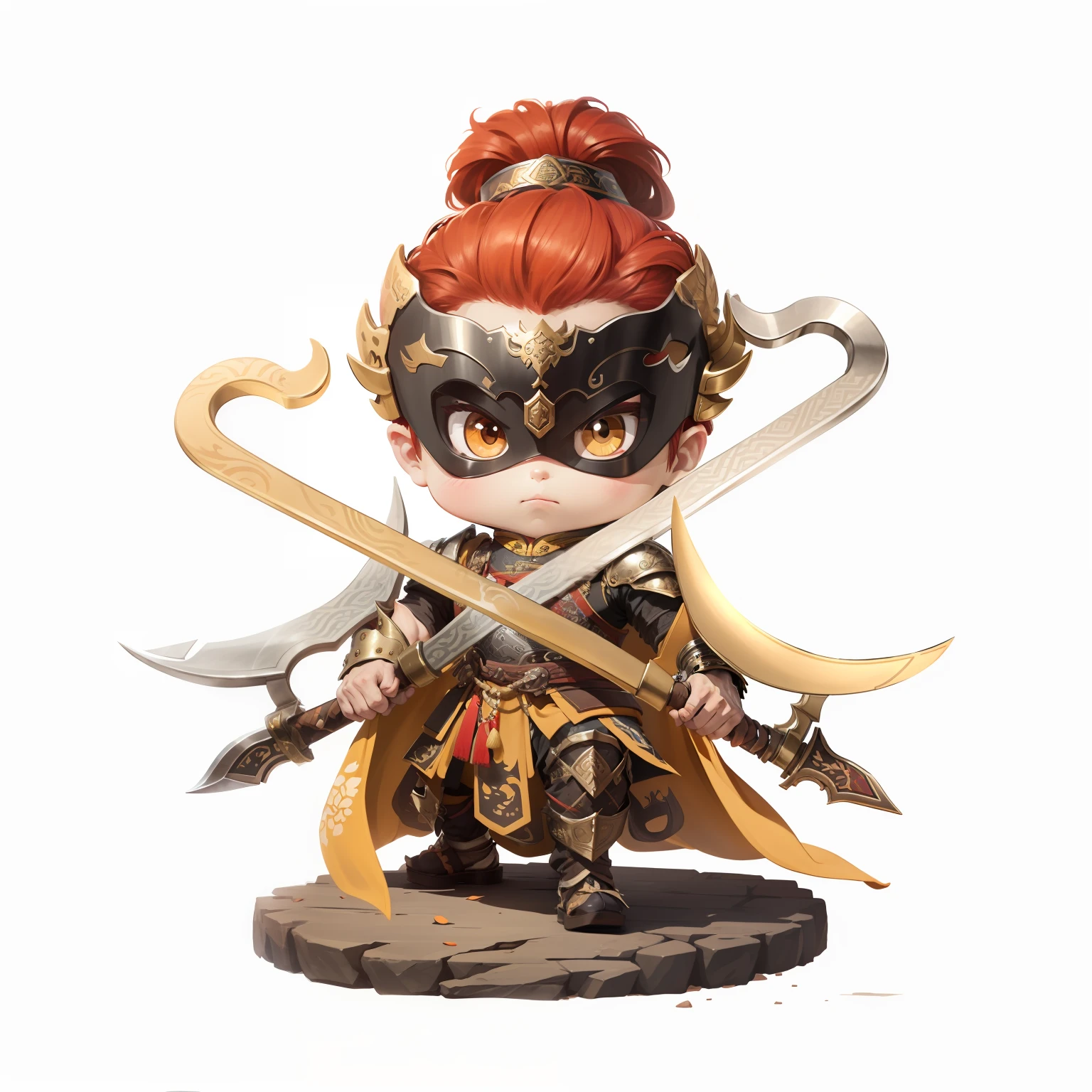 male people,Male characters,tchibi,Bad,Arms,Double hook weapon,Ancient Chinese weapons: Crescent hook,The handle has a delicate pattern,Shoulder blades,metal breastplate,chainmail,Animal pattern cuirass,chest plate,Bracers,Flowing hem,China-style,Chinese-style clothing,Chinese shoes,There are beautiful patterns on the weapon grips,Refinement,Fine painting,Refinement,infinite details,high definition detail,Patterned,Pattern,Blank background,Bright colors,Metal edging