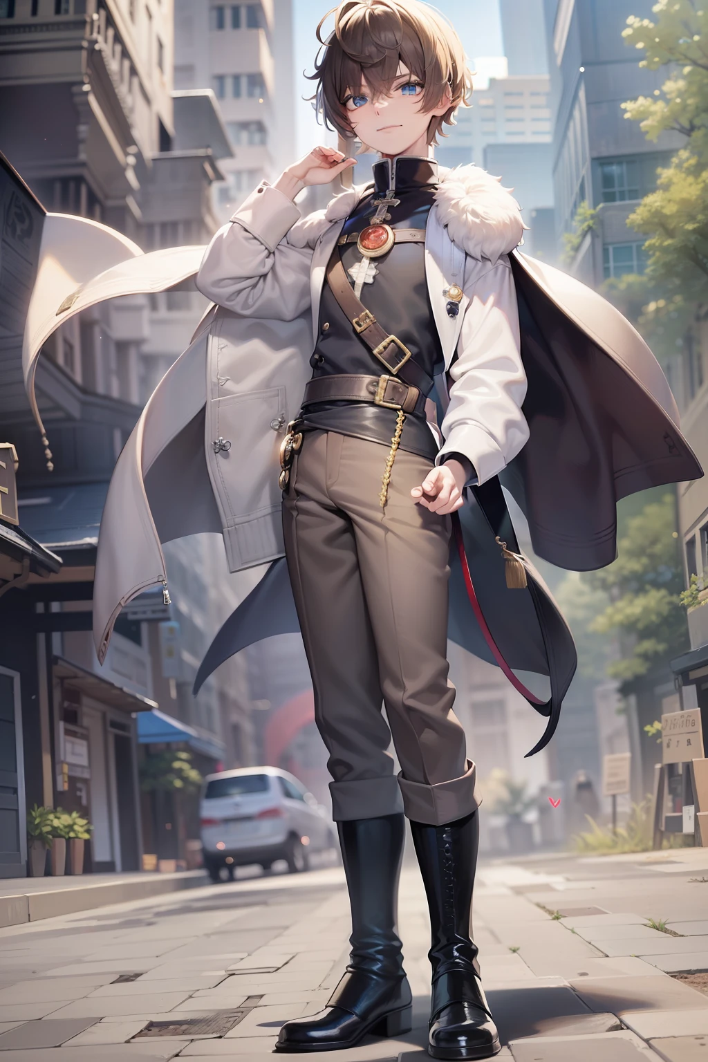 A handsome boy,short detailed hair,Bow knot,Half male half-cross-dressing,A smile shows a happy heart。Tall and mighty,Sharp eyes,Mysterious sense of psychosis。Long boots,Close-up of the whole body。Urban background,White gauze neck。