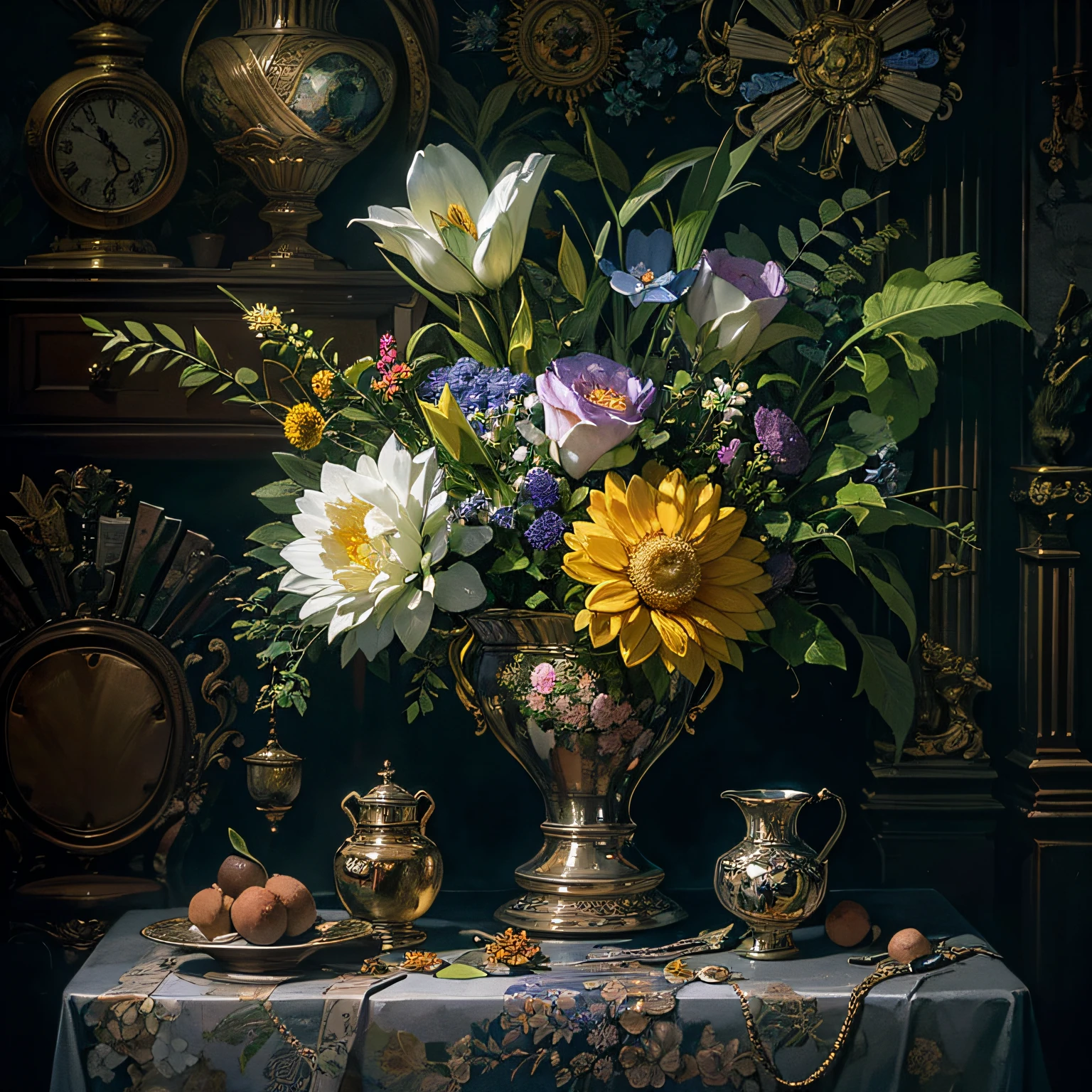 A compact still life with flowers in a vase, Historical jewelry hanging on a vase, In a baroque dark interior environment, darkened room, Cinematic lighting, contrasty lighting, Digital SLR, insanely intricate details, Amazingly fine detail, ultra - detailed, Sharp focus, 超高分辨率, WaterColor style, watercolor paiting