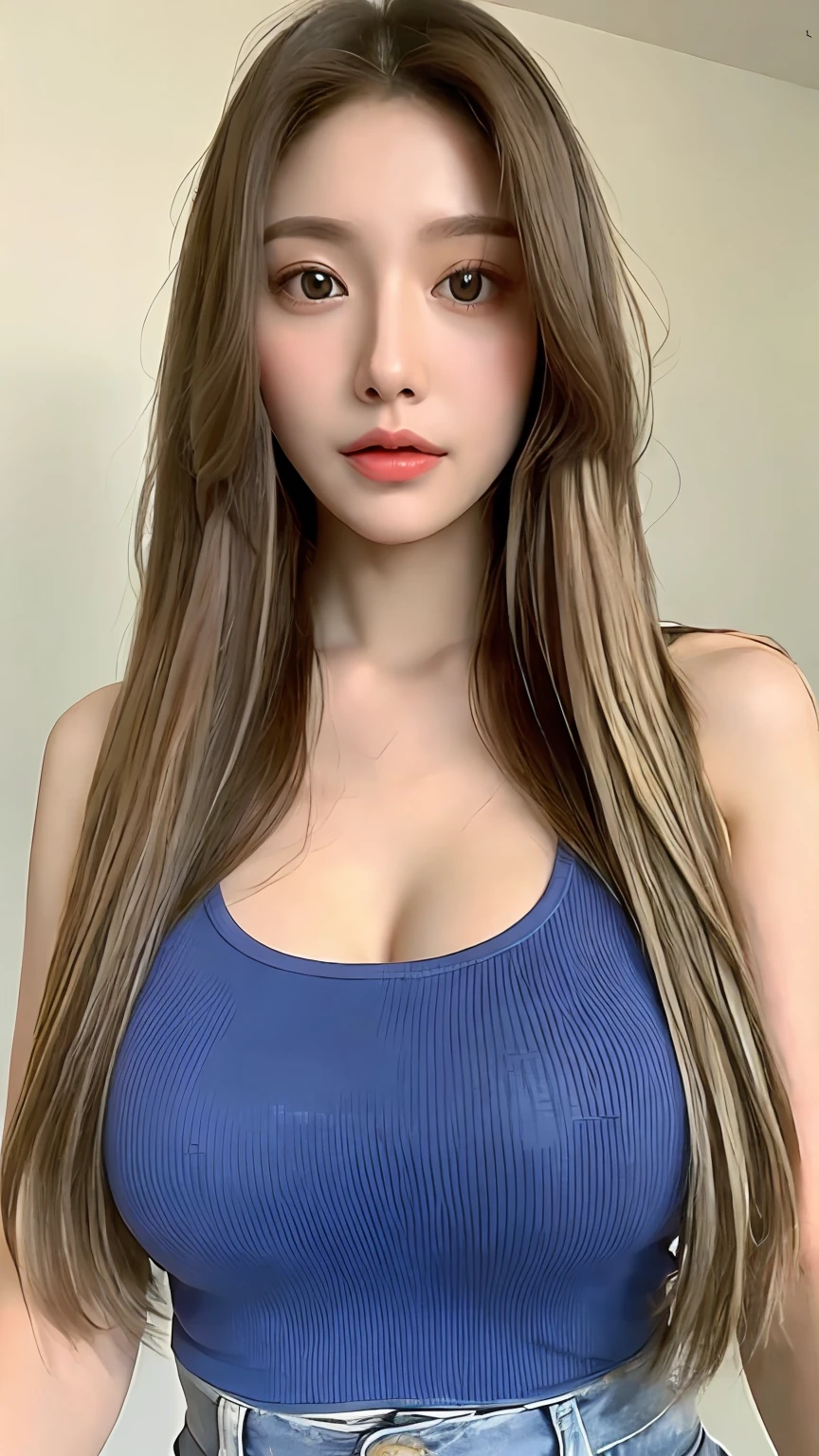 (realisticlying, A high resolution:1.3), 1 girl with a perfect body, Super fine face and eyes,long whitr hair, Tank top of random colors:1.2, shorter pants, huge tit,Expose cleavage