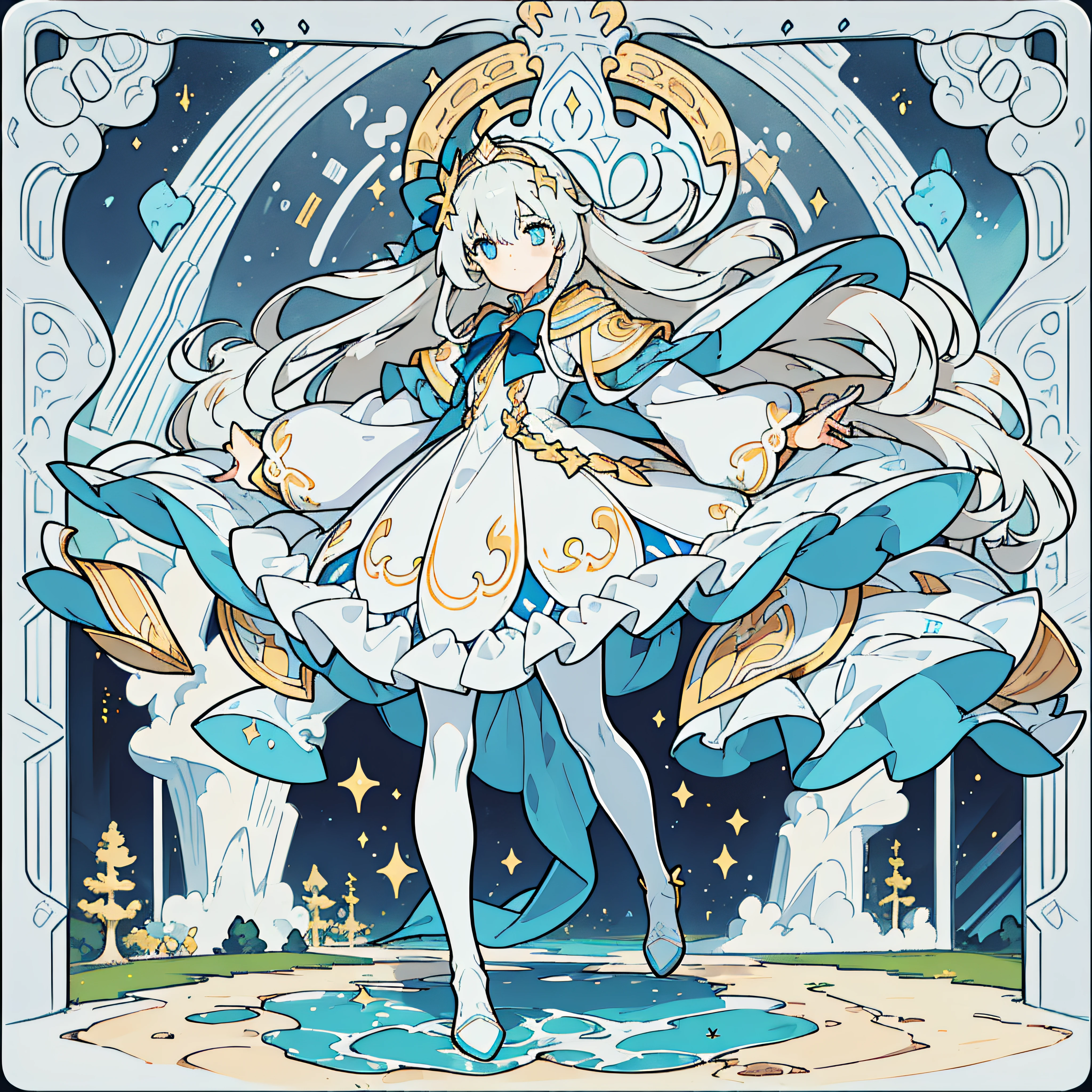 (Best Quality), (Masterpiece), (Official Art), (Single Person), (Girl), Exquisite Facial Features, Golden Hair, (Smooth Golden Long Hair), (Golden Long Hair), (Beautiful Golden Long Hair), Blue Eyes, (Exquisite Blue Eyes), (Bright Blue Eyes), (One Eye), (Blue White Stripes), (One Eye 1.5), (White One Eye Mask), (White Skirt with Blue Pattern), ((delicate white skirt with blue pattern and hood 1.5), (slender legs), (white Pantyhose), (full of details)), (white Pantyhose with golden stripe 1.5), (white Pantyhose with gorgeous golden stripe), (delicate face), (open eyes), (wearing hood), (full body photo), (white high-heeled boots), (gorgeous white high-heeled boots), (overhead lens), (best quality), ((masterpiece), (ultra detailed), (illustration), (detailed light), (an extremely delicate and beautiful), (a cut girl: 1.2), (cowboy shot), standing, Starry sky children beautiful detailed dress, (beautiful eyes), floating silver hair, colored inner hair, (colored), Negative space, background detailed, mix4, (masterpiece, top quality, best quality, official art, beautiful and aesthetic: 1.2), (1Girl: 1.3), (fractal art: 1.3), (flat color: 1.3), (colored: 1.3), (masterpiece: 1.2), best quality, masterpiece, original, extremely detailed wallpaper, looking at viewer, 1 girl, solo, floating colored, long hair, upper body,