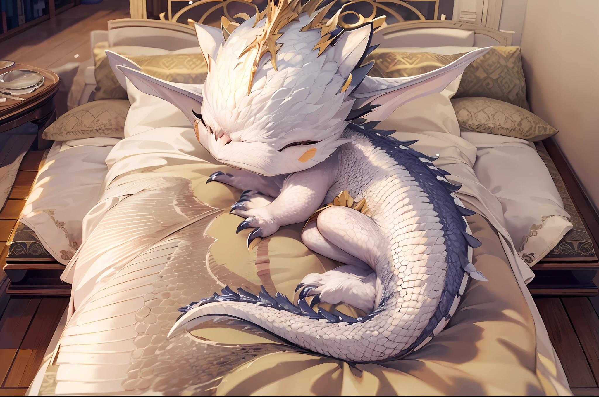cute, Q type, a lovely pet dragon, sleep beside the pillow on the bed, closed its eyes, with sliver scales, with two small wings, moon light is stright on its scales, wide shot, blurry, god rays, ray tracing, reflection light, masterpiece, high quality, high details, best quality, currate, anatomically correct, textured skin, UHD, 1080P