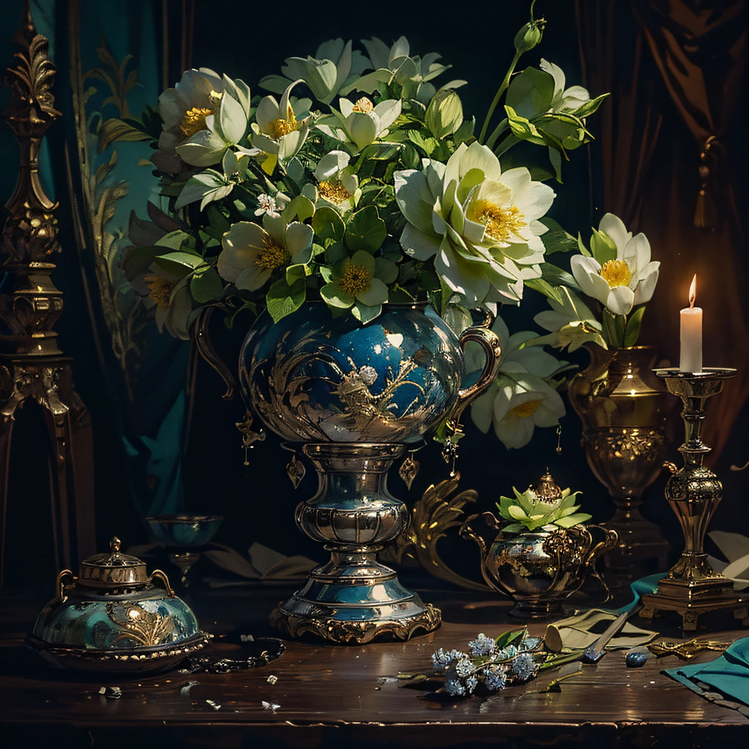 A compact still life with flowers in a vase, Historical jewelry hanging on a vase, In a baroque dark interior environment, darkened room, Cinematic lighting, contrasty lighting, Digital SLR, insanely intricate details, Amazingly fine detail, ultra - detailed, Sharp focus, 超高分辨率, WaterColor style, watercolor paiting