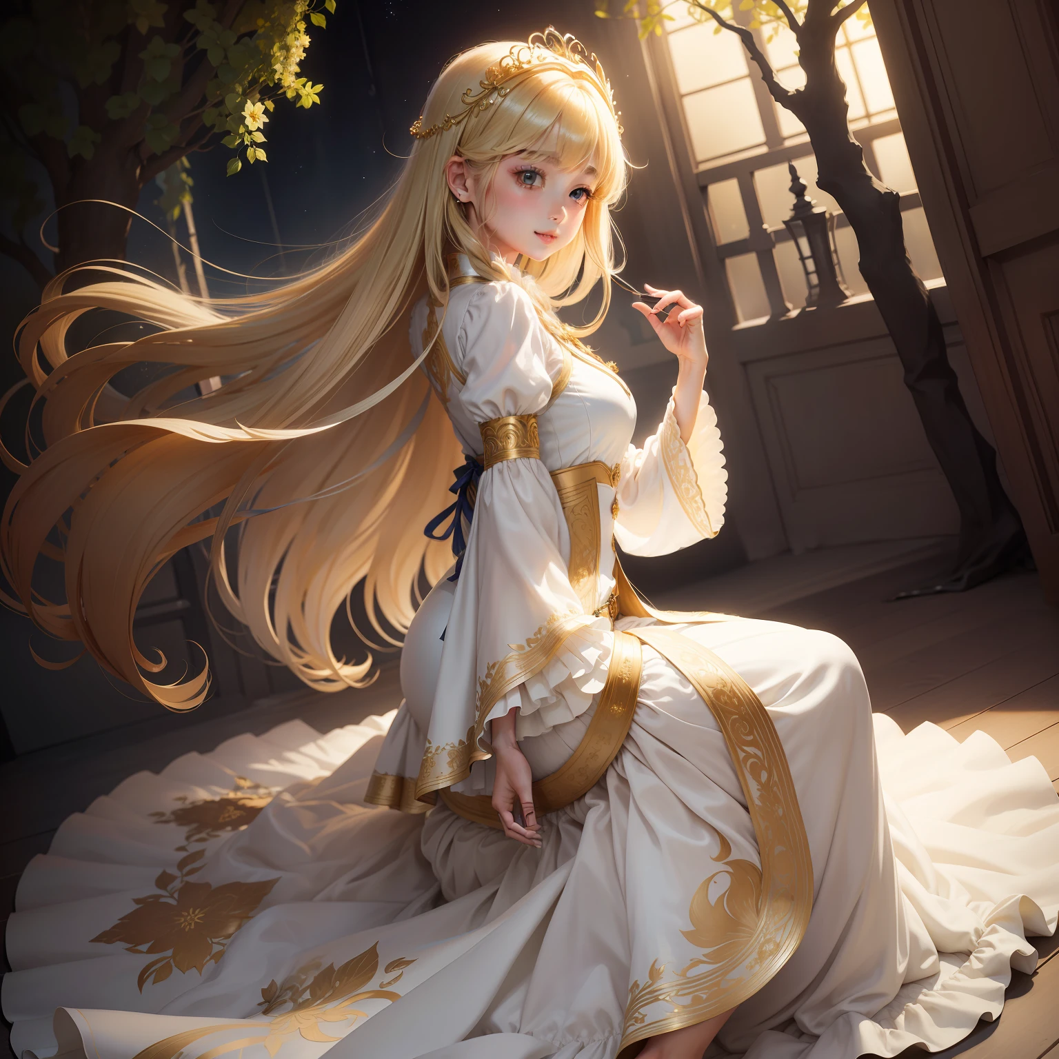 tmasterpiece,Need,illustration,{Beautiful Meticulous Girl},adolable,Beautiful and delicate halo,(the night:1.2),(glowworm:1.3),The tree,detailed lighting,(美丽细致的眼睛:1.1),ssmile,Classic costumes,Golden hair,Loose hair,with long bangs,(a white long skirt:1.1),blueribbon,florals,longer sleeves