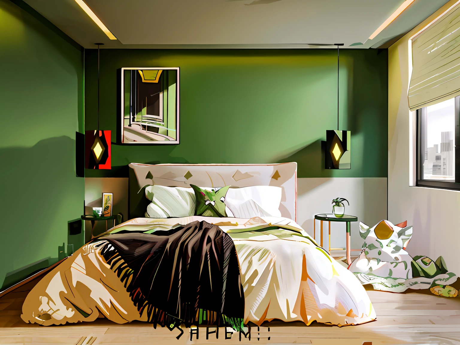 there is a bed with a blanket on it in a room, Green and warm theme, Dark green color scheme, Bold colored walls, an elegant green, Green color scheme, Flat bold color, green tones and golden charms, green and black color scheme, black and green scheme, Green and blue and warm theme, green shades, Green theme, yellow and green scheme