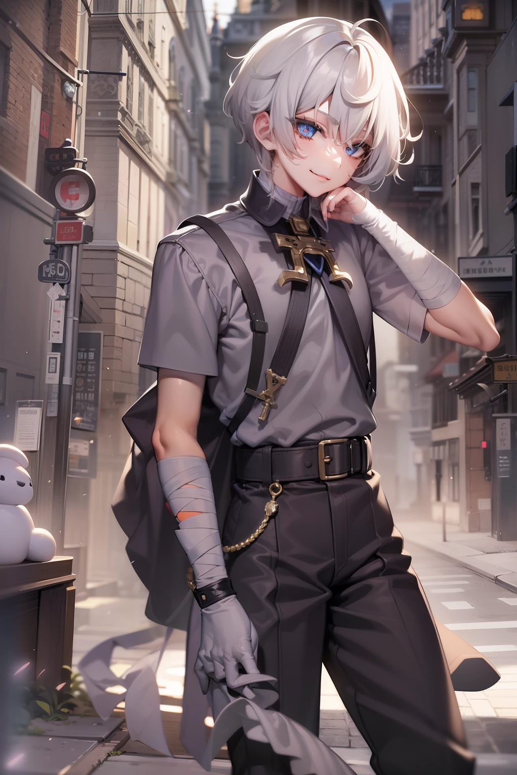 A handsome boy，short detailed hair，Bow knot，Half male half-cross-dressing，A smile shows a happy heart。Tall and mighty，Sharp eyes，Mysterious sense of psychosis。Long boots，Close-up of the whole body。Urban background，White gauze neck，A bandage is tied around the wrist。