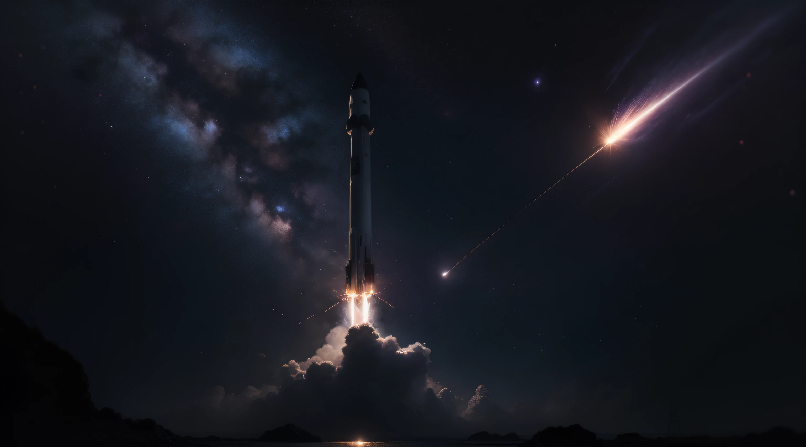 Rocket launching in deep dark space, galaxy, beautiful