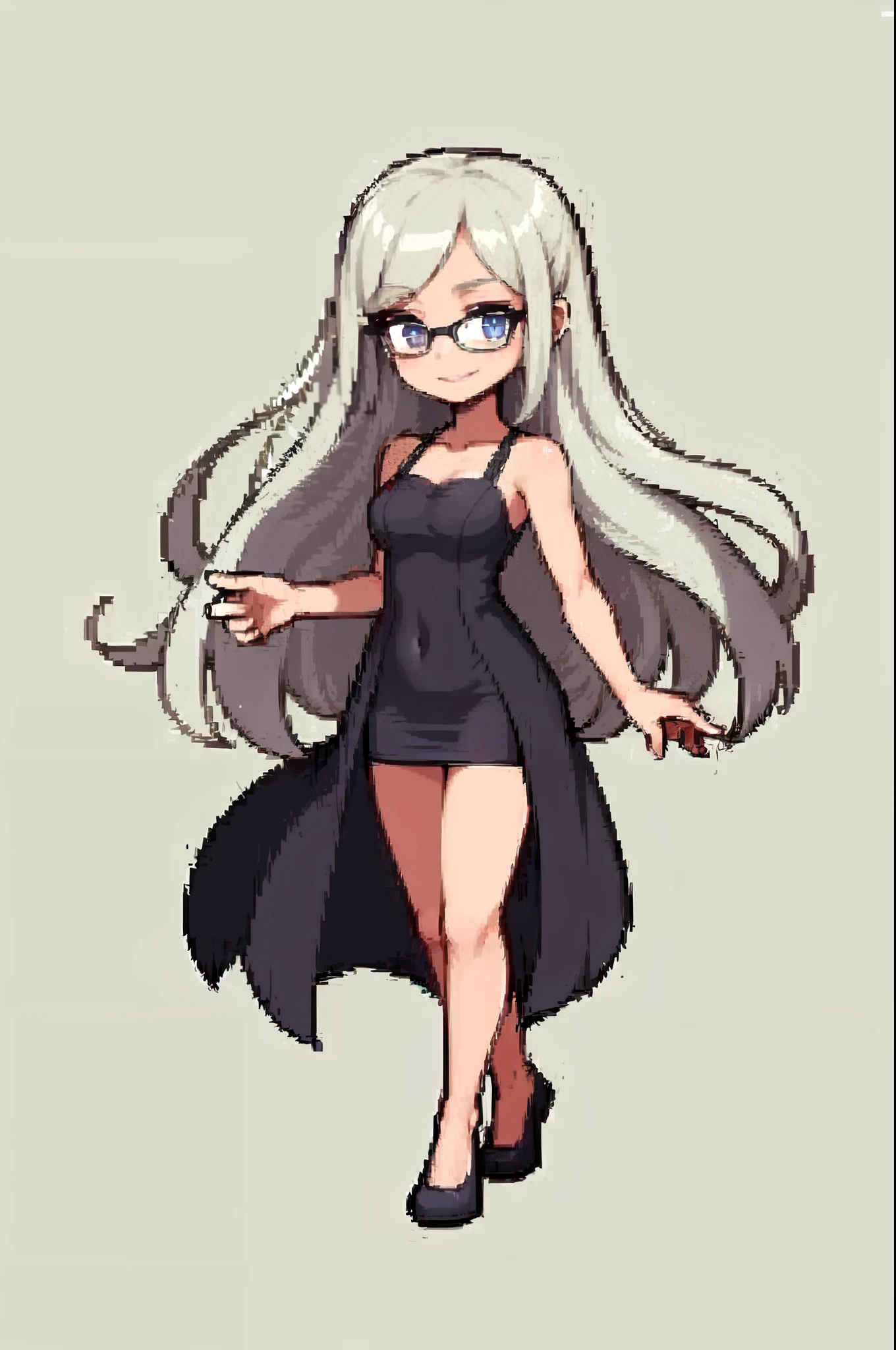 girl, long white hair, small bangs, beautiful, looking at camera, glasses, smiling, pixel, full body pic, black dress, white backgroung