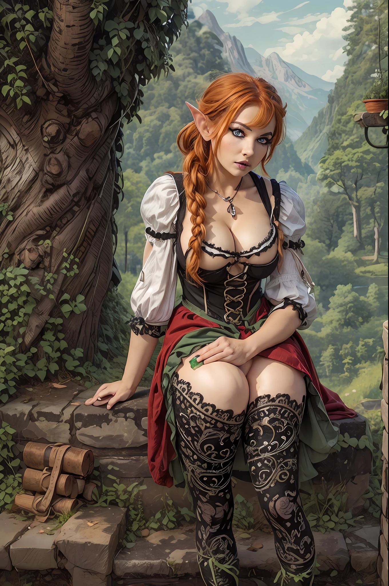 female redhead elf wearing a bavarian dirndl with beautiful elf ears, huge breasts, showing cleavage, (insanely detailed:1.5), extremely detailed face and eyes, (black eyeliner:1.4), full body photograph, from behind, (plumb ass:1.4), (thick thighs:1.4), highly detailed skin