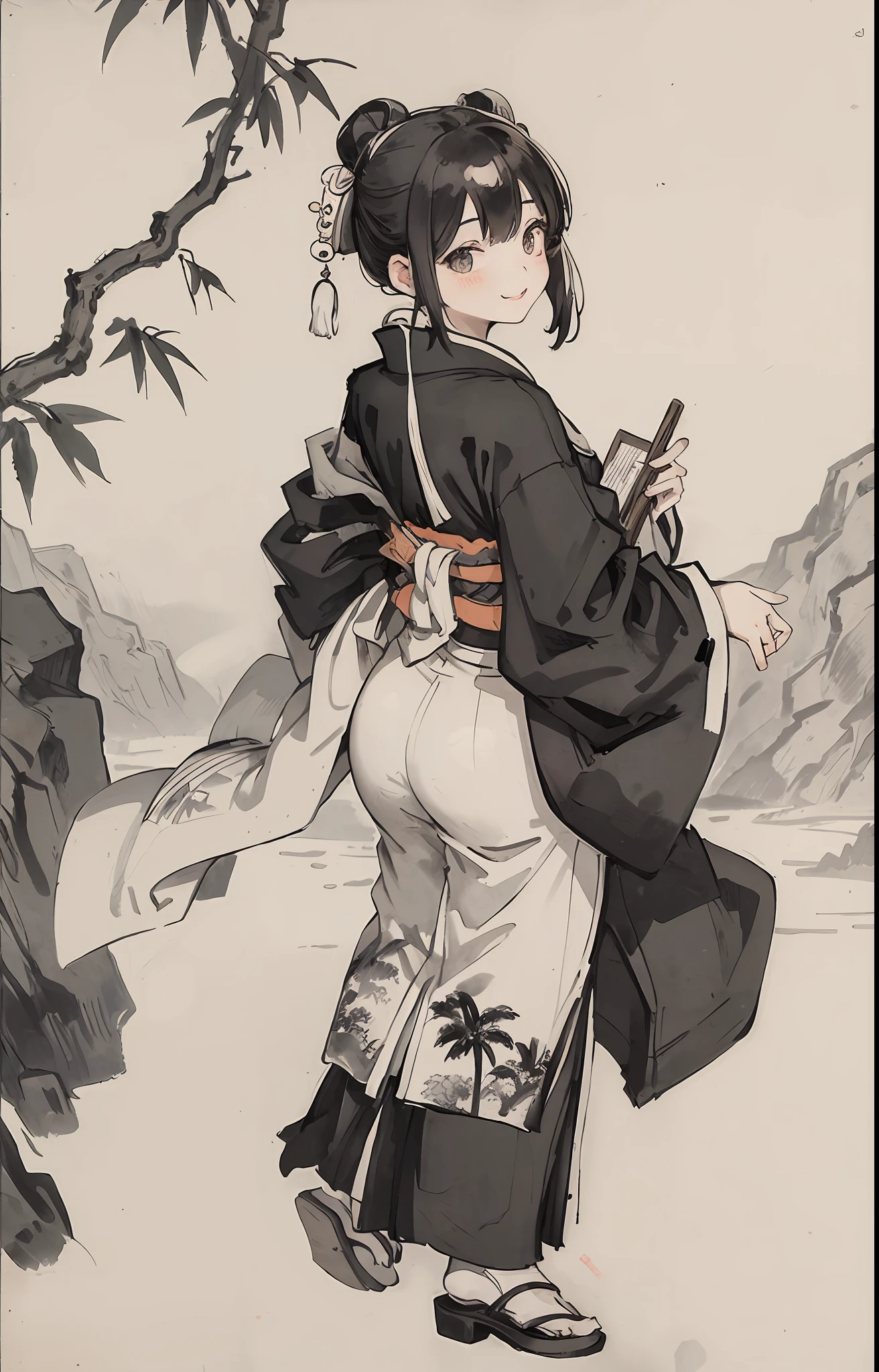 (Masterpiece, black and white,best quality: 1.2), traditional ink painting, green mountains, bamboo, smile,simple composition,1 japanese girl, kimono, looking at viewer