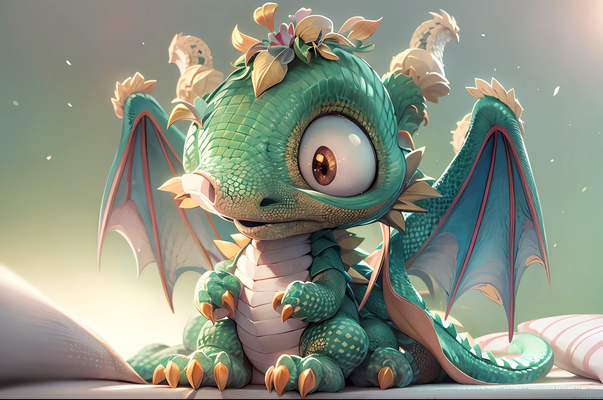cute, Q type, a lovely pet dragon , sleep beside the pillow on the bed, closed its eyes, with sliver scales, with two small wings, moon light is stright on its scales, wide shot, blurry, god rays, ray tracing, reflection light, masterpiece, high quality, high details, best quality, currate, anatomically correct, textured skin, UHD, 1080P