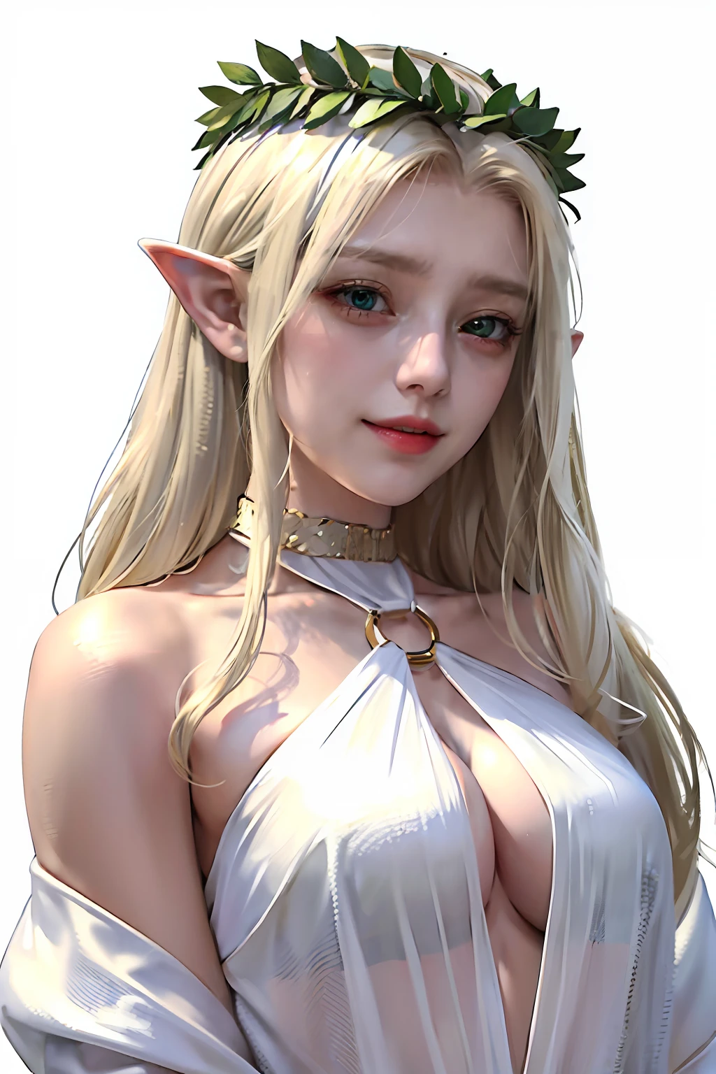 1girl, (masterpiece:1.1), (best quality:1.1), (white blouse:1.1), celestine lucullus, blonde hair, head wreath, laurel crown, green eyes, o-ring, o-ring top, elf, pointy ears, smile, look at you