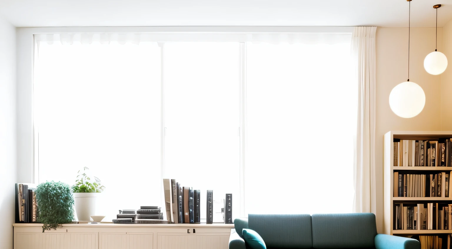 There was a sofa and a table in the room, indoor background,Books in bookcases ball lights flower beds realistic
