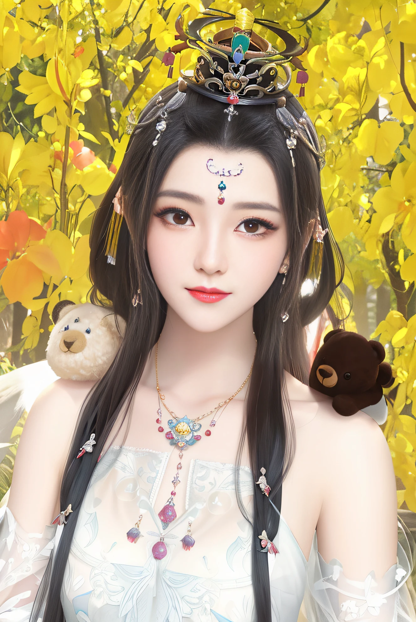 In the field there is a woman wearing a crown and a teddy bear, a beautiful fantasy empress, Inspired by Lan Ying, ((a beautiful fantasy empress)), Middle metaverse, inspired by Jin Nong, Inspired by Huang Ji, inspired by Lü Ji, inspired by Sim Sa-jeong, inspired by Luo Mu, Inspired by Qiu Ying