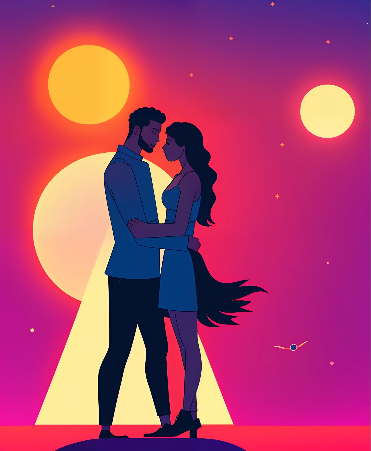 a cartoon of a man and woman standing next to each other, official fanart, phone background, the lover tarot card, bisexual lighting, published art, holding hands in the moonlight, cover illustration, by Alexis Grimou, looking at the moon, the lovers tarot card, phone wallpaper, they are in love, inspired by Asaf Hanuka, looking at the stars