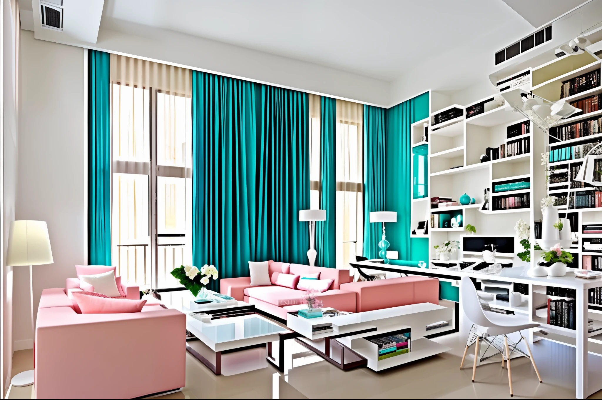 Living room. Barbie appartment in Barcelona. Sofa, coffee table, library, lamps. Large window, white curtains, balcony, plants in pots. Computer workstation on back corner. Palette of creamy white, bright pink, teal, baby pink, cerulean blue.