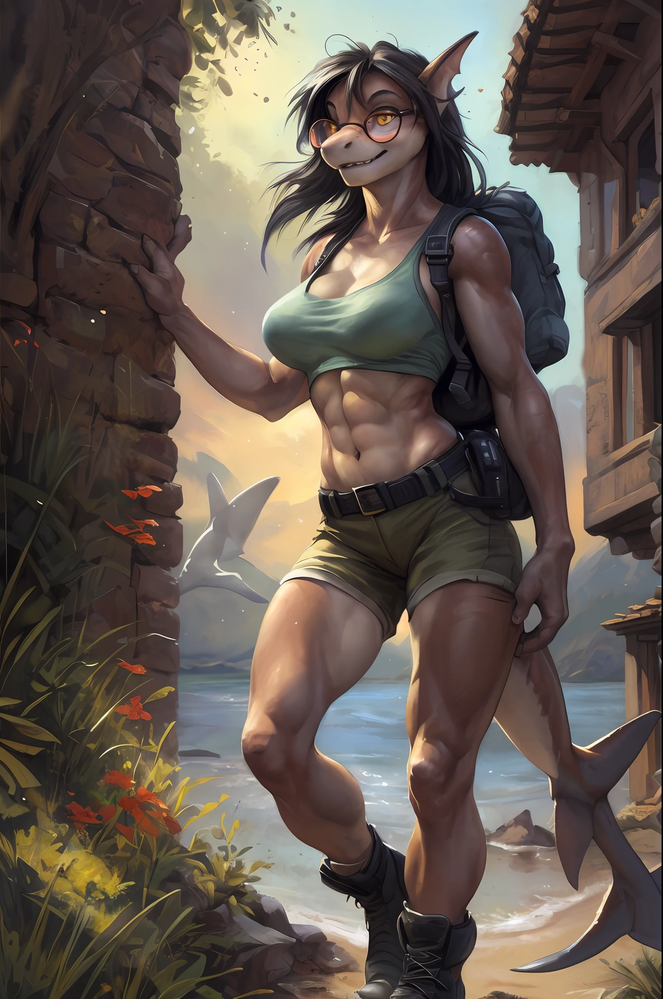 solo, (beautiful female:1.4), (nice shark girl),  ( fit, abs), busty, big erect breasts, erect nippleslips,  slim waist,  (black hair),  ( female shark | Lara Croft ), (((female))),  orange body scales, white belly,  (kemono:1.5), features of Angelina Jolie,
( khaki shorts ), lightblue crop top, ( two pistols-gans on hips ), wide belt, long braid, ( (red) round glasses :1.2), (red glasses), ( small backpack on her back:1.2), army boots,  e621, (female body),  slim sports body, 
 shark tail, cameltoe,  (body portrait), [slim swimsuit], 
(detailed eyes, detailed pupils, yellow eyes, glowing eyes),
(outdoors),   ocean beach , candle, night, (particles ,firefly, blue glowing), seeker of adventures,
detailed background, photorealistic, realistic hands, 8k HD,
(dark shadows, wide dynamic range, hdr, low light:1.2),
by (by Pino Daeni, (by ruaidri), (by virtyalfobo), (by Kenket). by iskra, by darkgem,