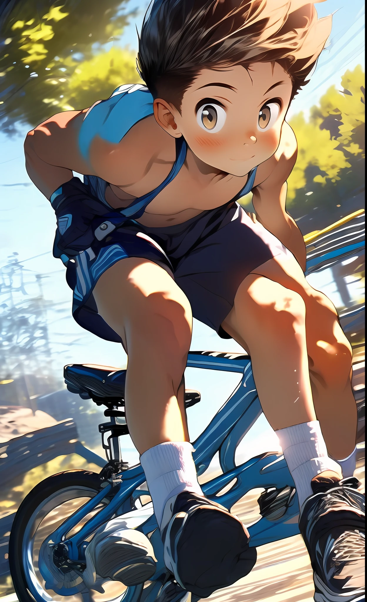 ((Masterpiece)), (best qualityer), (1boy:1.2), (8 :1.2), wearing a workout outfit, and bicycle shorts, Riding a bicycle, Ride at high speed, Road, Sea, Close up, wind blown, Motion blur, speed-line, (from the front side),