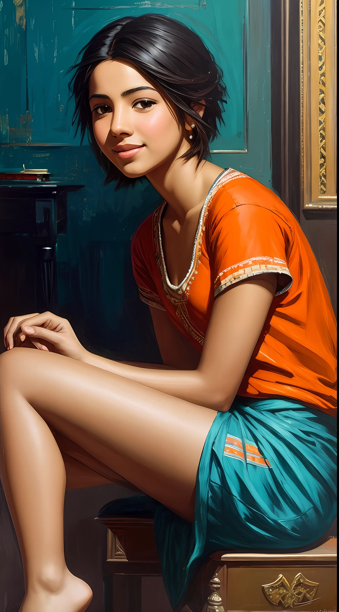 taking selfies, High-quality detailed image of a beautiful girl: (Mestizo: Lineament, Hindu: 0.2 : Egyptian: 0.3 : Darna: 0.25 : Selena Quintanilla Perez: 0.25) : pale skin, ((Asymmetrical haircut)), High facial detail : Realistic : in a T-shirt and shorts, endearing smile, (oil painting:0.75), (Screensaver:0.75),(teal:0.2),(Orange:0.2), (by Jeremy Mann:0.5), (John Constable:0.1), (Yuriy Arkus:0.5),(acrylic paint:0.75), 8K