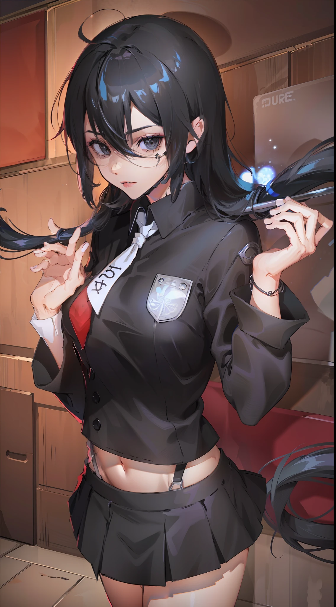 huge tit, Sexual turn, black eyes, one-girl, The color of the girl, largeeyes, black hair,Long hair,(tmasterpiece,best qualtiy:1.3),Wear your school uniform,dual horsetail,miniskirt