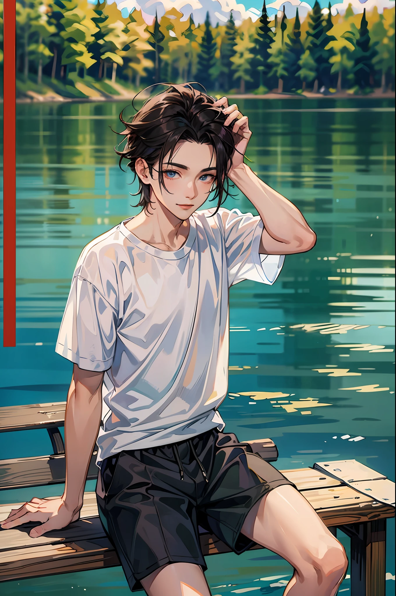 (absurderes,A high resolution,ultra - detailed,HDR),tmasterpiece,best qualtiy,1boy,独奏,handsome,black color hair,Fine eyes and detailed face,forehead,((Loose white T-shirt)),athletic sneakers,(Pale and white skin),looki at viewer,Ear stitching,,ssmile,sitting on a bench,Parking in the background,full-body view,the setting sun,evening light,Clouds,the woods,lake water