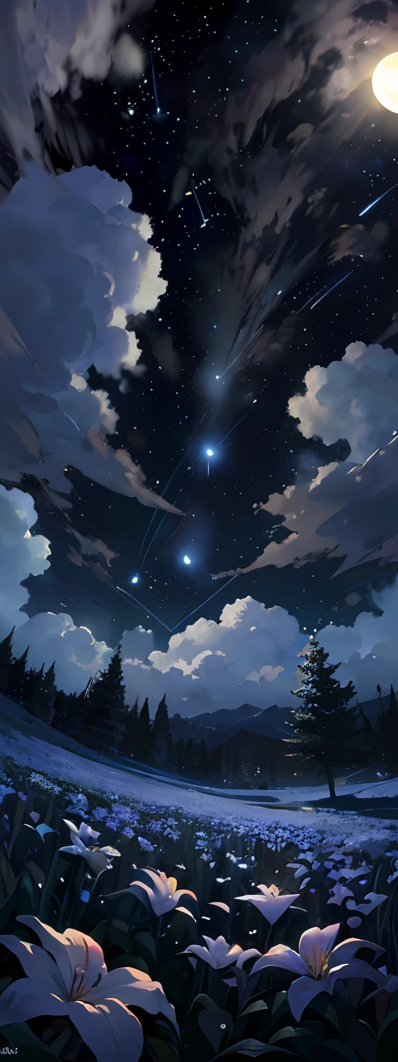 fotografia de paisagem expansiva, (a view from below that shows the sky above and the open field below), uma garota parada em um campo de flores olhando para cima, (lua cheia: 1.2), (estrelas cadentes: 0.9), (nebulosa: 1.3), montanha distante , BREAK tree production art, (fonte de luz quente: 1.2), (Firefly: 1.2), lamp, muito roxo e laranja, detalhes complexos, volumetric lighting BREAK (obra-prima: 1.2), (melhor qualidade), 4k, ultradetalhado , (dynamic compositing: 1.4), detalhes coloridos altamente detalhados (cores iridescentes: 1.2), (bright illumination, Atmospheric Illumination), sonhador, magica, (solo: 1.2)obra-prima, melhor qualidade, Monochromatic Magical Adventures, in sky