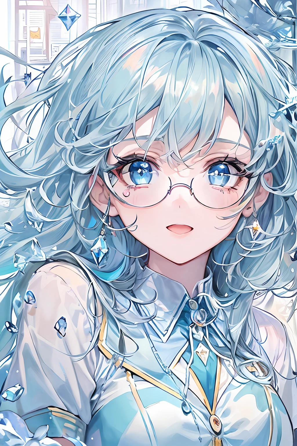 ((masterpiece、top-quality、Watercolor art(Pendants)、Official art、Beautifully Aesthetic:1.2))、(the golden ratio:1.2)、(ultra-detailliert:1.3)、(1girl in:1.3)、(Fractal Art:1.3)、full body Esbian、((Glitter pupils))、patterns、((colourful hair、Half Blue、Half Light Blue:2))、colourfull、Writing、(heterochromia iridis:Blue right eye and light blue left eye)、(colourfull:1.5)、((Shy face))、(Hyper-detailing), ((delicate detail)), (intricate detailes), ((ciinematic light, best quality backlight)), highcontrast, ((The best lighting, extremely delicate and beautiful)), ((ciinematic light))、(ray trace reflection、brilliance)、((glowing aura))、((Radiant hair))、((The ultra-detailliert))、((8K))、((write))、Delicate beautiful face and eyes,Focus on Face, masterpiece,Shock sensation、(realisitic:0.5)、Original 2 High Saturation、((Neat and clean woman))、((night sky full of stars))、(((Shining eyes:2))),(((Crystal pupil:1.2))),(((Big eyes:1.2)))、(((Crystals in the eye:1.2))), absurderes, superfine illustration, Best Quality, Very beautiful girl, Very detailed and very beautiful adult big smile:1.2, ;D, Face up, Beautiful Growing Crystal Diamond Blue Star Pupil, look at viewr, Beautiful detailed** Blue Land **hair:1.2, Solo, Beautiful detailed **Blue and silver** ribon, Beautiful detailed **Blue Land** (((High School Uniform:1.5))), Fantastic and shining wide rainbow with circles, Shooting stars and strong winds、Night and rainbow shooting stars, Magic Circle:1,2 of the detailed background、Shining Blue、(Round glasses)